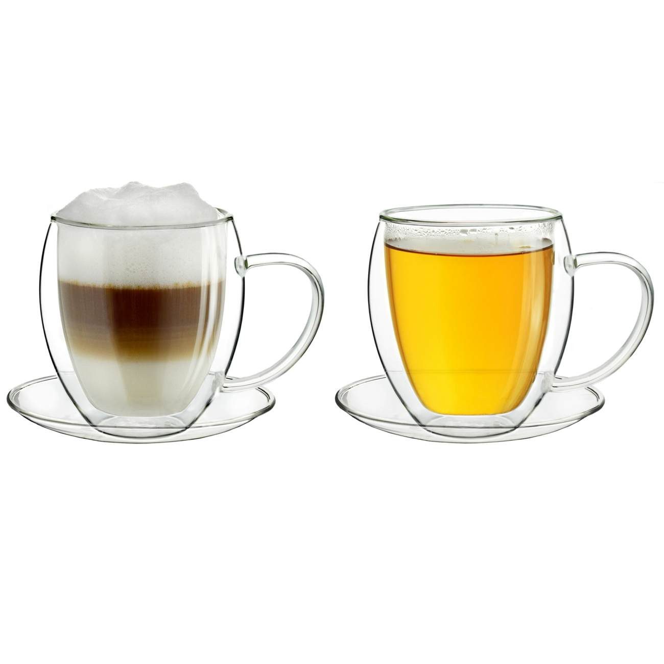 Creano Teeglas Thermotasse 2er-Set doppelwandig mit Untertasse 400ml, Borosilikatglas, 2 Tassen mit Untertassen