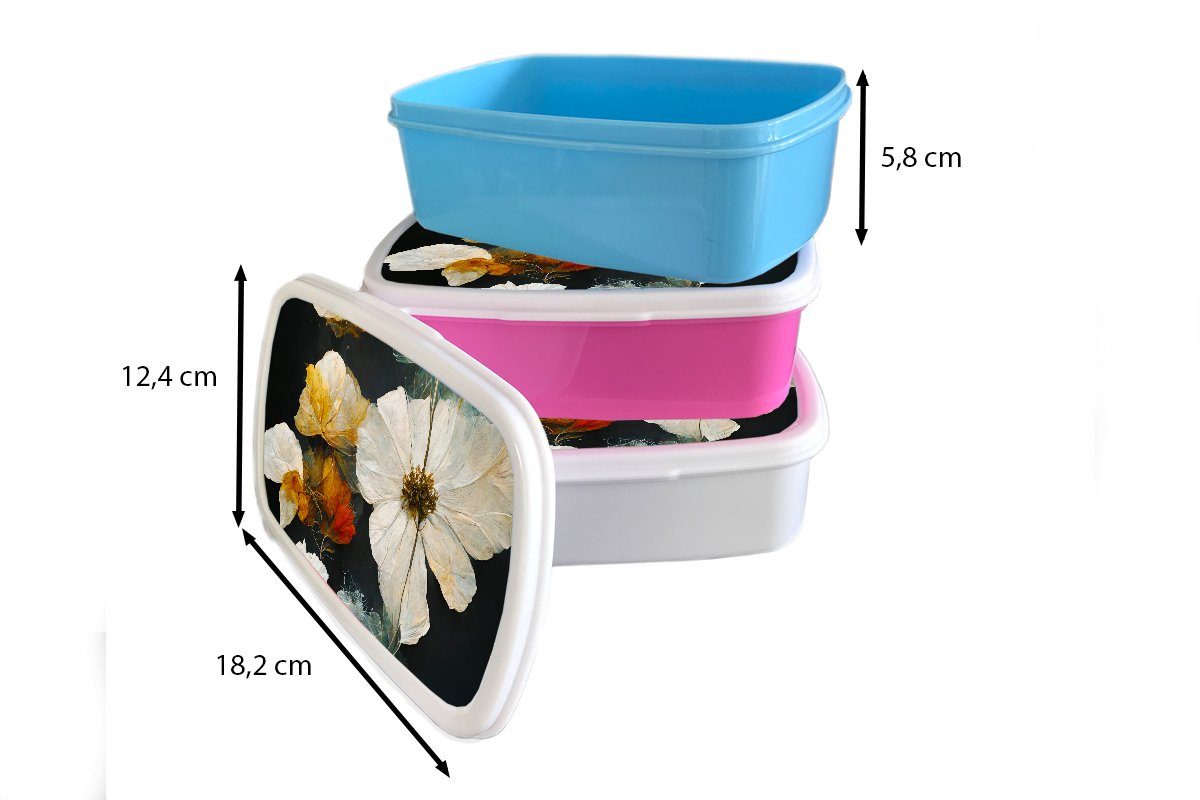 MuchoWow Lunchbox Weiß, Snackbox, für Brotdose Brotbox - Erwachsene, - rosa Mädchen, Schwarz Blumen (2-tlg), Kunststoff, - Kinder, Pflanzen Kunststoff