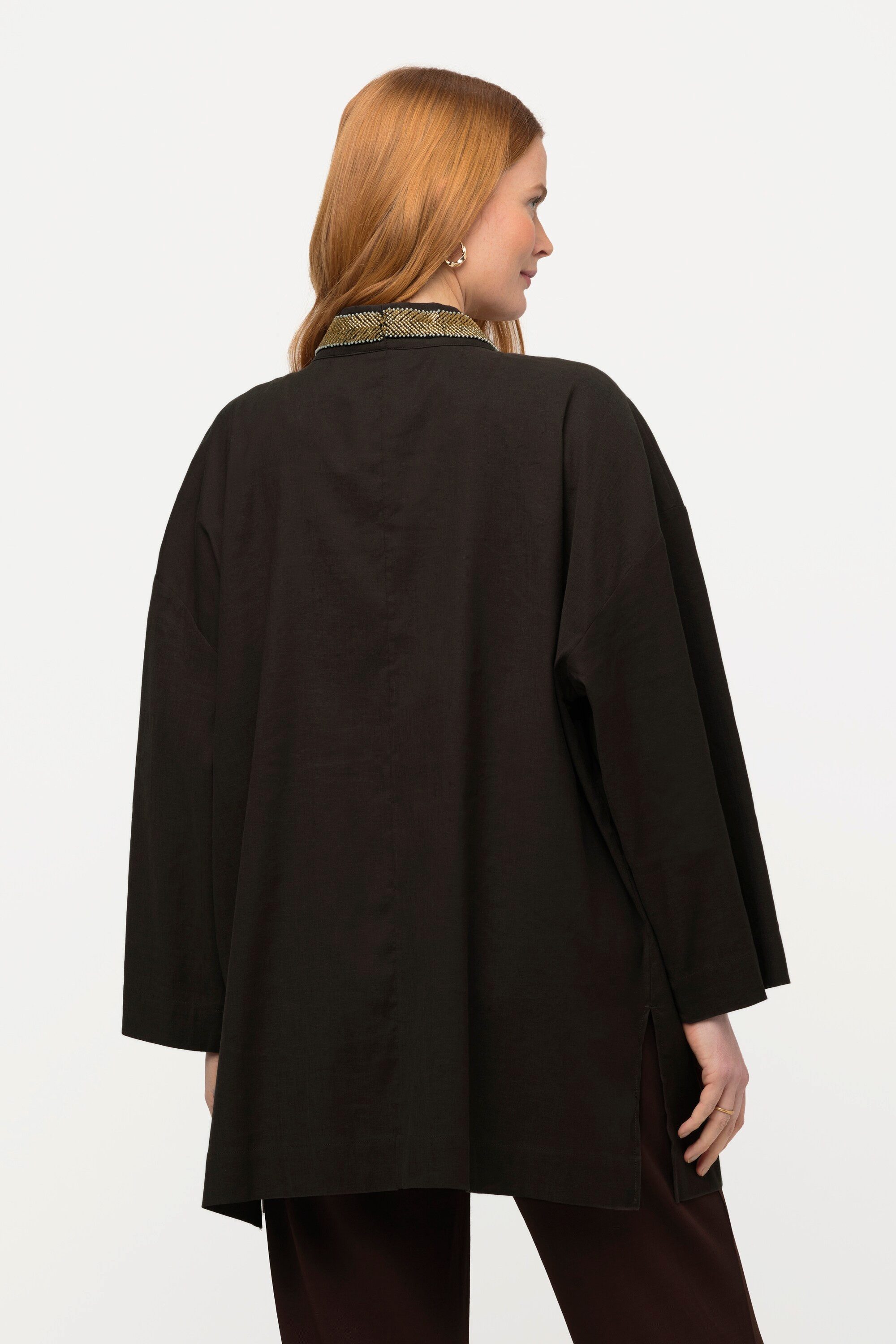 Ulla Popken Kimono Kimono-Jacke Schalkragen Leinenmix Perlenborte, Langform, Materialmix