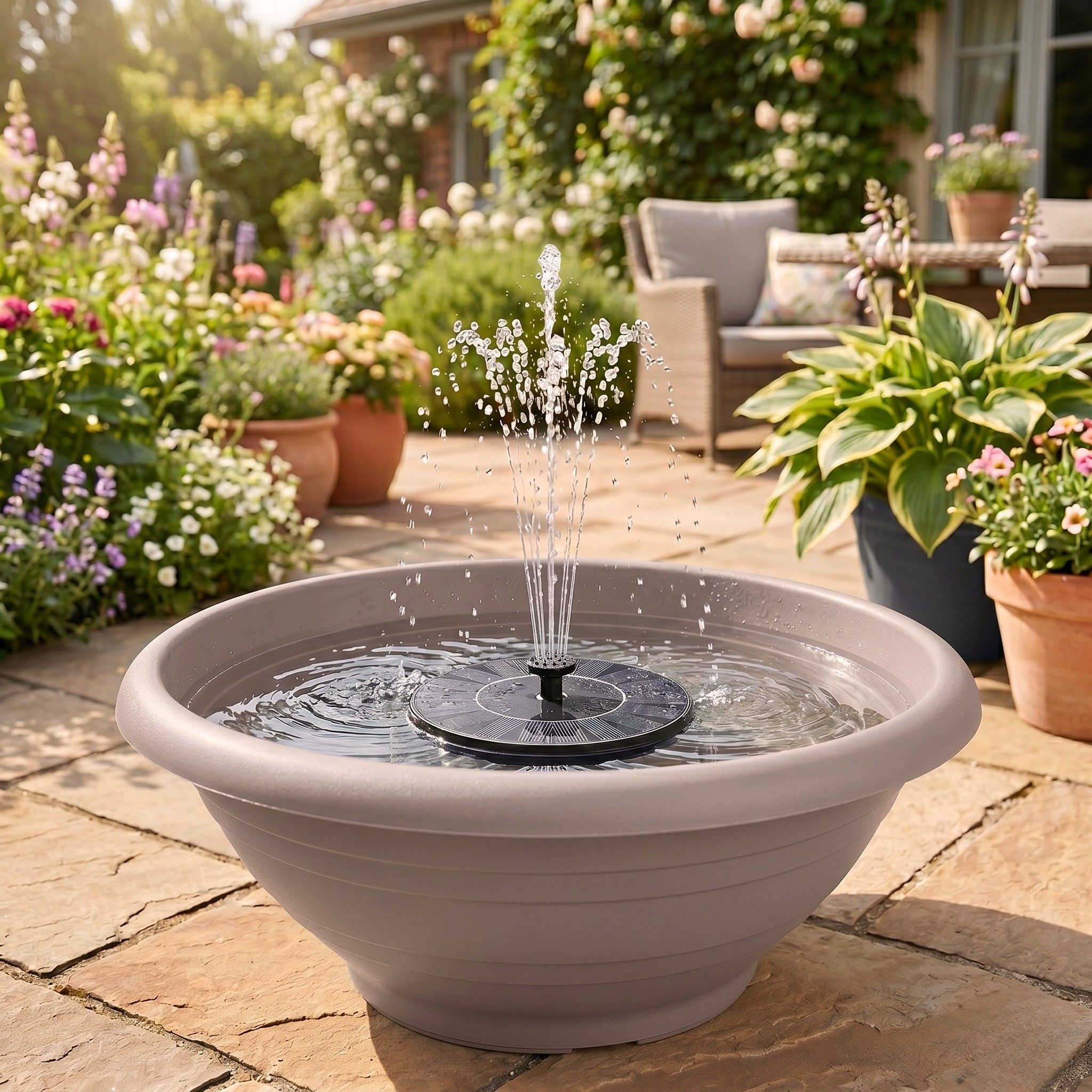 matches21 HOME & HOBBY Wasserspiel Solar Brunnen Set inkl. Akku - 60 cm Schale in taupe, (2 tlg), Solar Springbrunnen und Brunnenschale als Gartendeko
