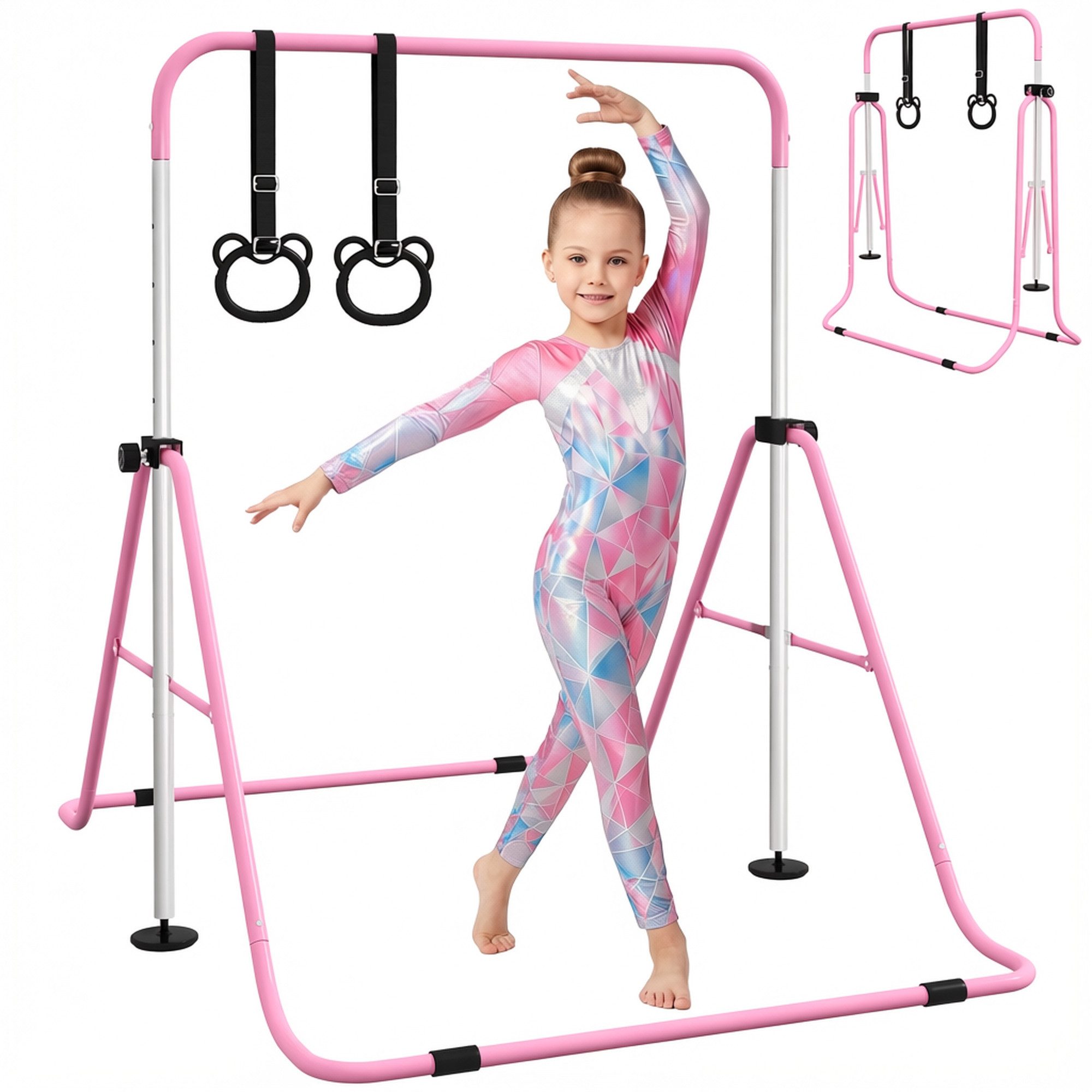 HOMCOM Turnreck Gymnastikstange für Kinder, Turnstange ab 3 Jahre, 88-128cm, (Reckanlage, 1-St., Reckstange), für Indoor bis 50 kg belastbar Stahl Rosa