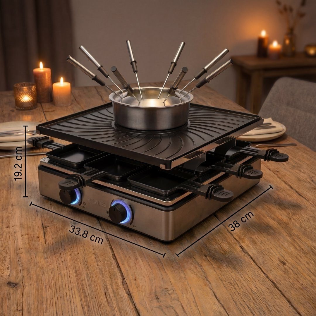 PRINCESS Raclette Princess 162670 Raclette & Fondue – 5‑in‑1 – Für 8 Personen – Zwei The, 8 Raclettepfännchen, 5‑in‑1 – 8 Personen – 1,3 L Fondue – PFAS‑frei – 1800 W