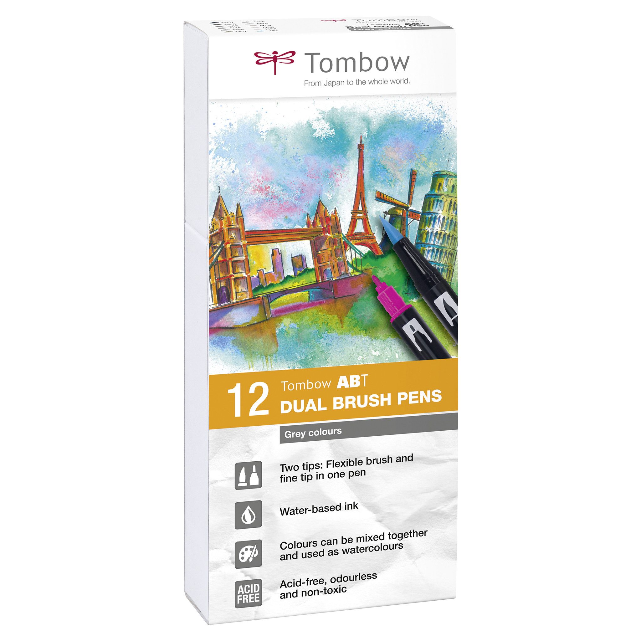 TOMBOW Pinselstift Tombow ABT Dual Brush Pen, (12er Set), zwei Spitzen, für Hand Lettering & Bullet Journal, wasservermalbar