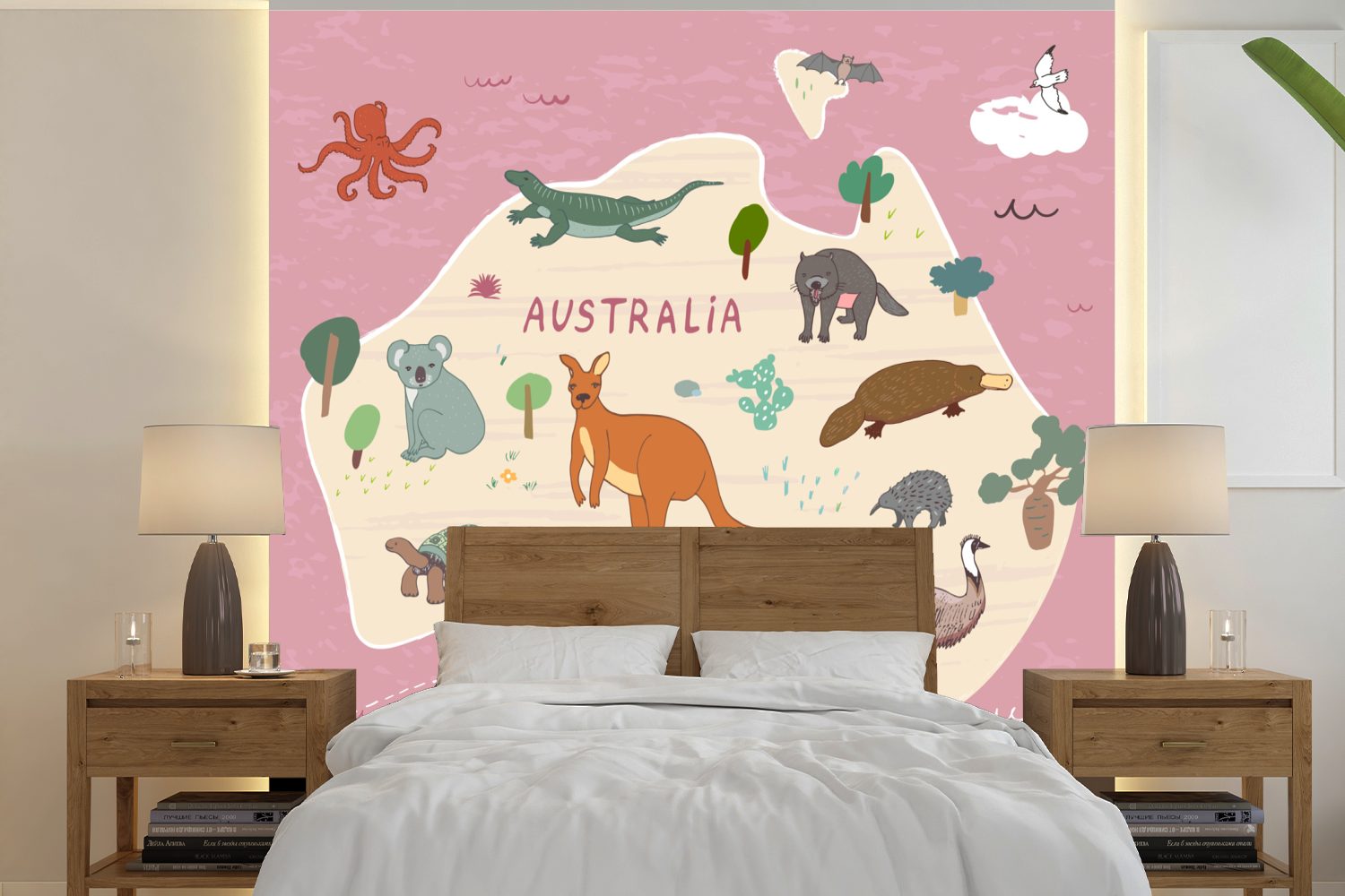 MuchoWow Fototapete Tiere - Weltkarte Kinder - Australien - Mädchen - Kinder, Matt, bedruckt, (5 St), Vinyl Tapete für Wohnzimmer oder Schlafzimmer, Wandtapete