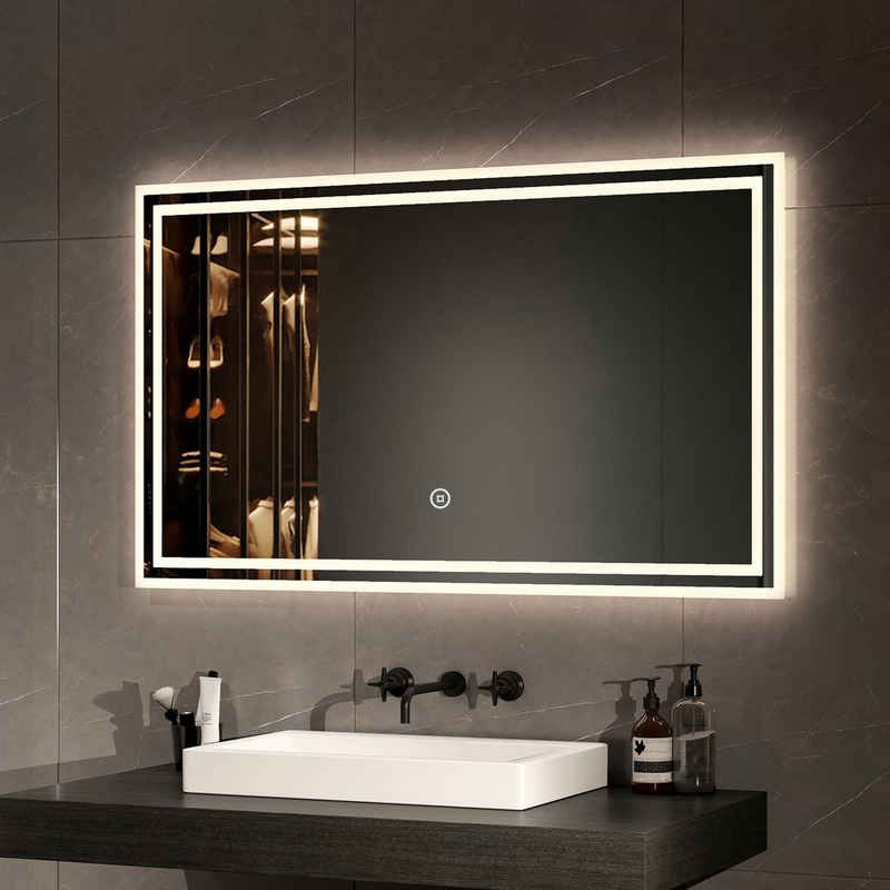 EMKE Зеркало для ванной комнаты mit Beleuchtung 3 Lichtfarben LED Настенное зеркало Badezimmerspiegel, Energiesparend Einfach Install Explosionsschutz Badezimmerspiegel