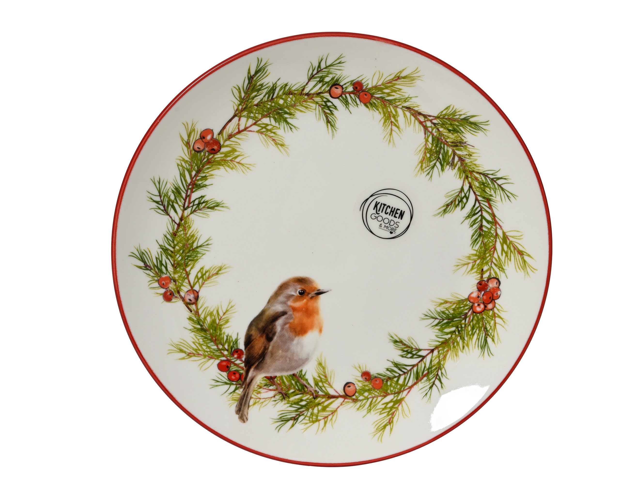 Kaemingk Тарелки, Тарелка для завтрака 19,5cm Porzellan mit Vogel Motiv 1 Stück Weiß / Rot