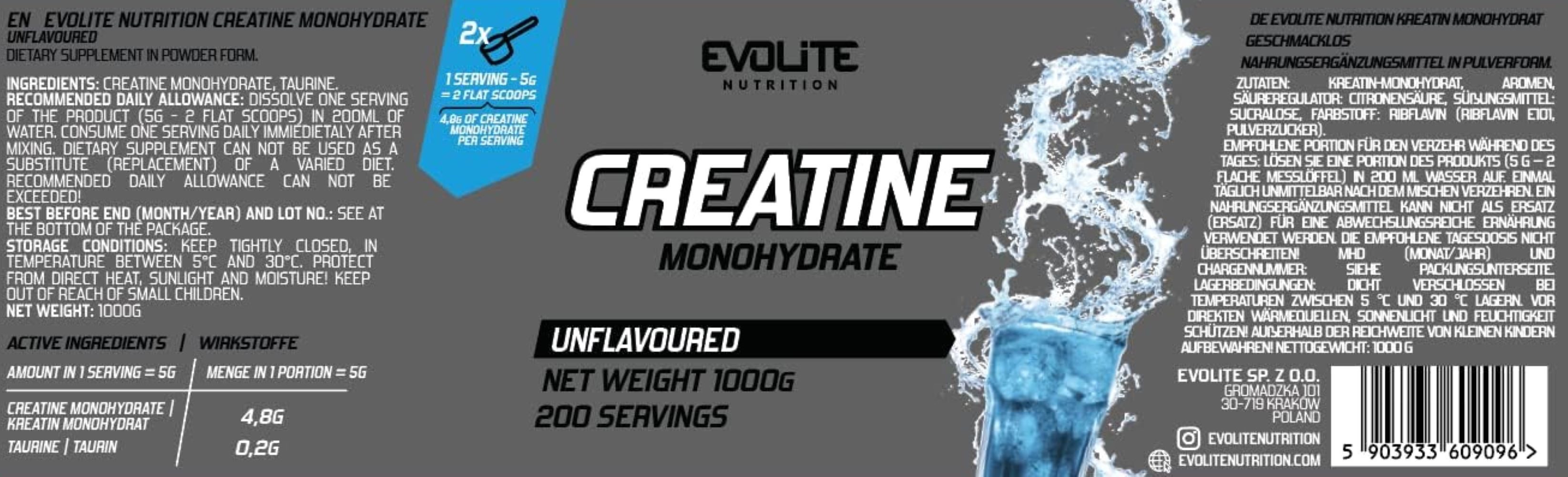 Evolite Nutrition EVOLITE CREATINE Monohydrat 1000g / Kreatin Pulver / Creatin 1Kg Pulver