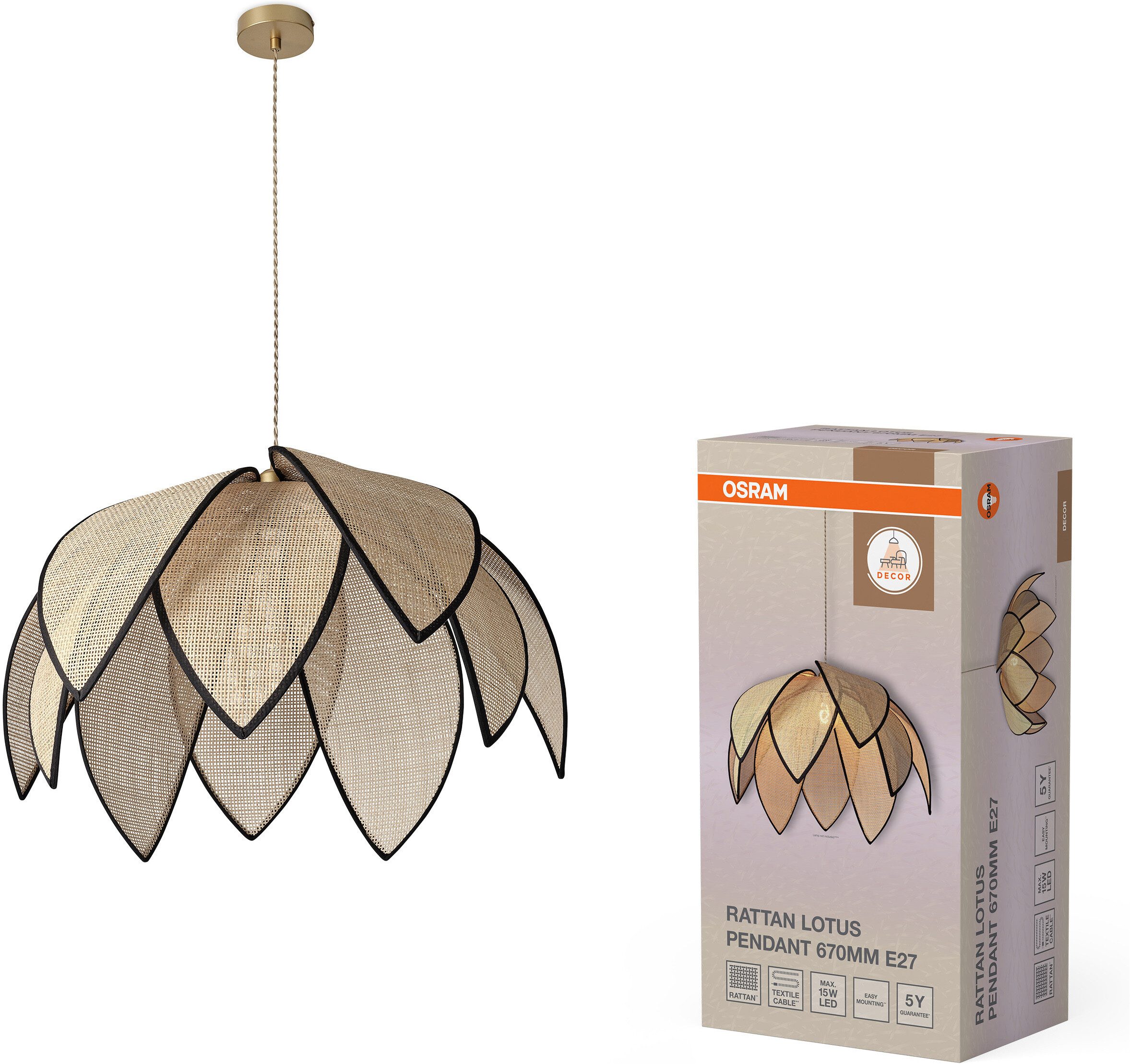 Osram Pendelleuchte Decor Rattan, ohne Leuchtmittel, braun, Fassung E27, Rattan und Stahl