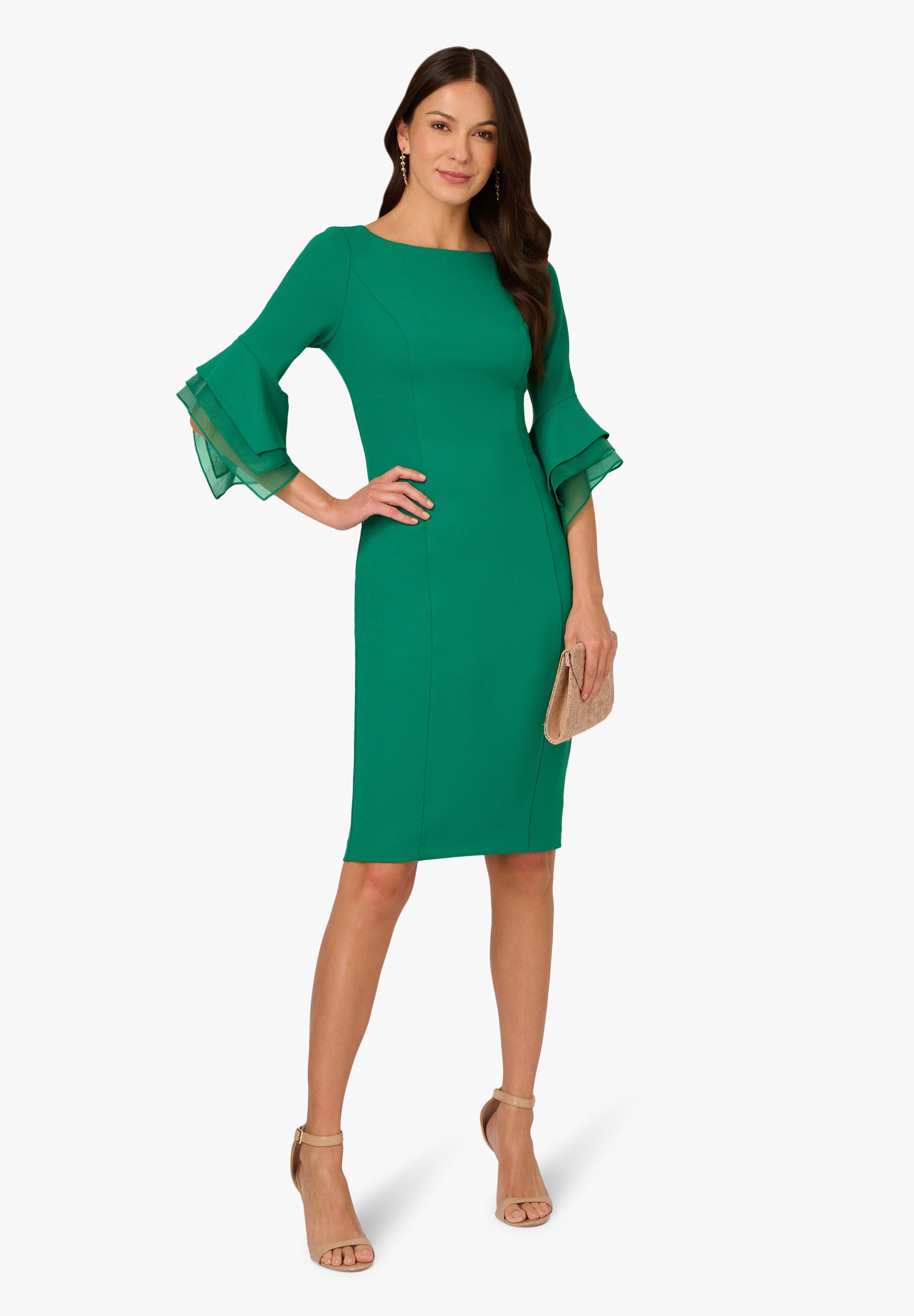 Adrianna Papell Abendkleid Knit Crepe Tiered Sleeve Dress Zeitlos, 3/4 Ärmel, schöne Silhouette