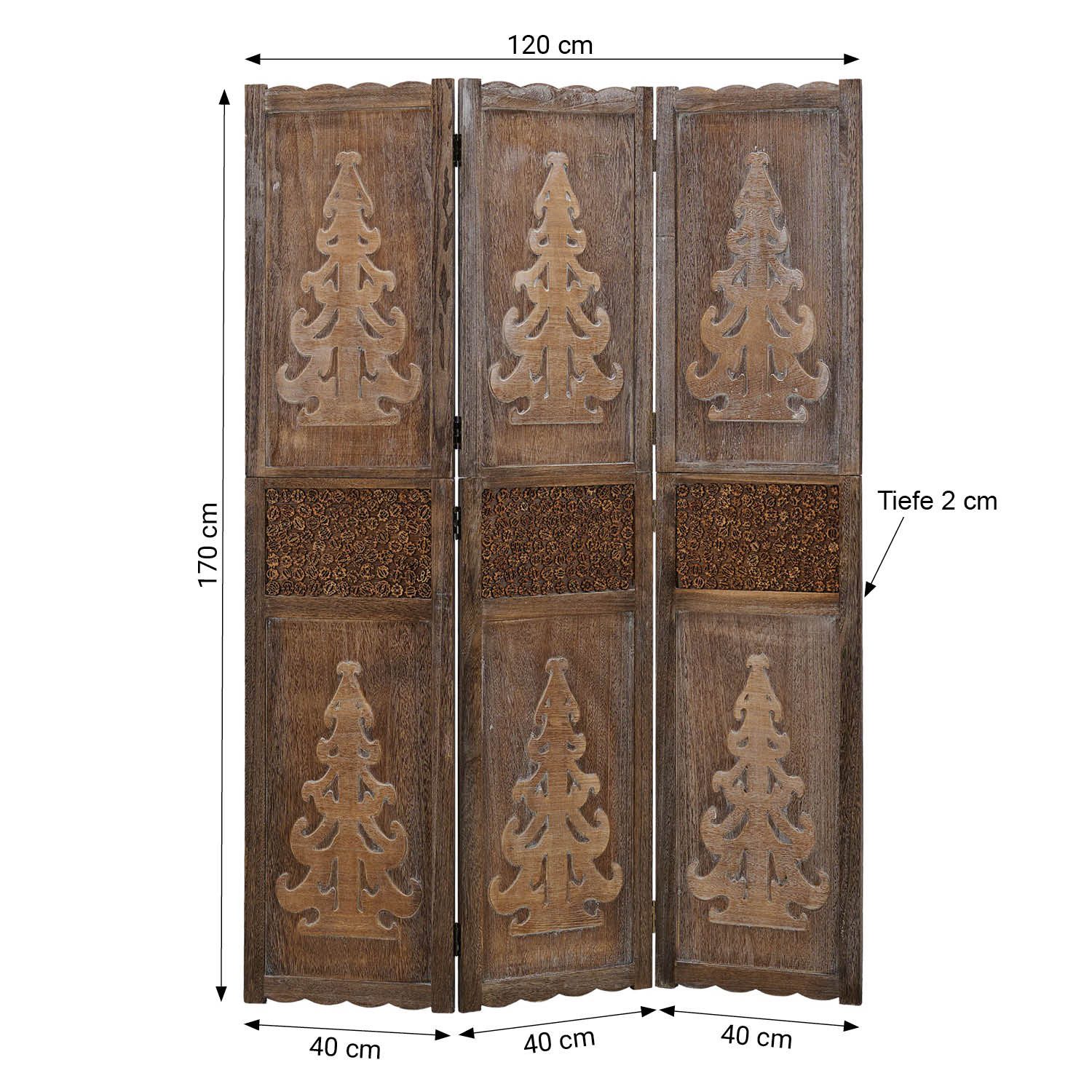 Homestyle4u Paravent Raumteiler Holz Trennwand spanische Wand Sichtschutz Indoor faltbar (3-teilig), Baum Motiv, Holzlamellen, Holzmotiv, Raumtrenner