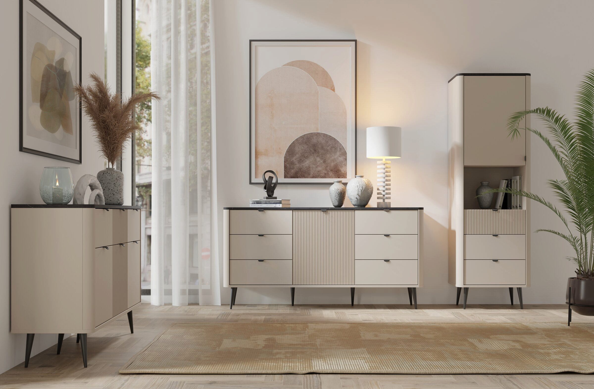 ROYAL24_MARKT Wohnzimmer-Set Marly Wohnzimmer-Set 2-teilig mit Kommode und Hochschrank schmal, (Set, 2-St)