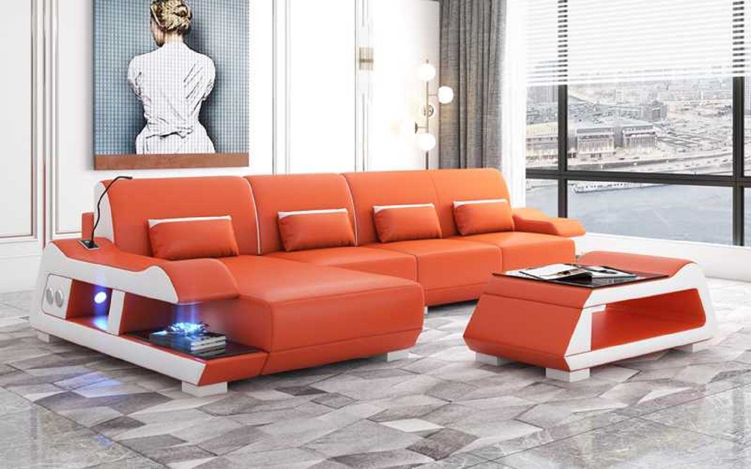 Ledersofa Made Ecksofa Form 3 Sofa Ecksofa Orange Couch Luxus JVmoebel L Moderne Eckgarnitur Europe in Teile, Couchen,