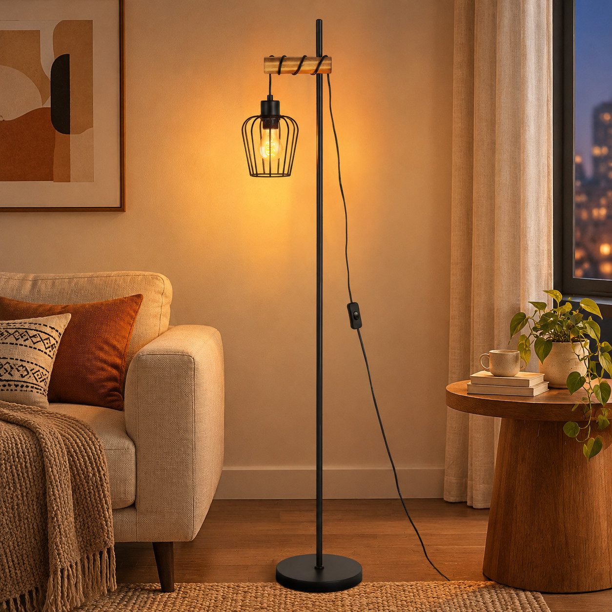 Nettlife Stehlampe Schwarz 2-Flammig 145cm E14/E27 Stehleuchte Vintage Metall Industrial, ohne Leuchtmittel, 22*22*140cm,Fußschalter Leselampe Retro für Schlafzimmer Wohnzimmer