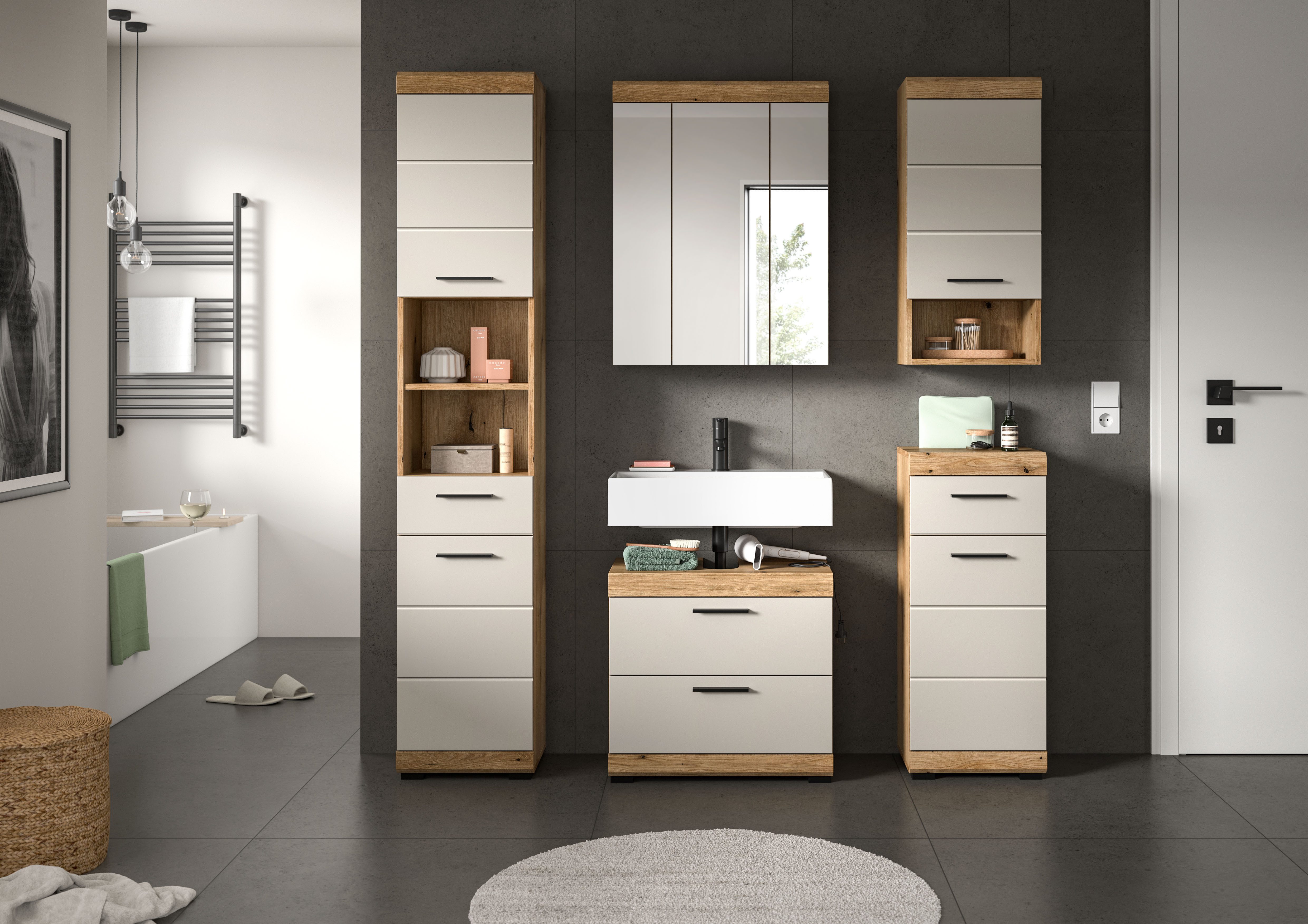 welltime Badmöbel-Set SIENA, 5 teilig, bestehend aus:, (Set, 5-St., TOPSELLER), Hochschrank, WBU, Spiegelschrank, Unterschrank, Hängeschrank