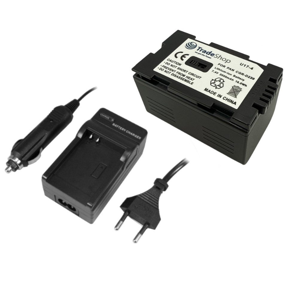 Trade-Shop 2in1 Set passend für Panasonic DS12 DS15 DS28 CGR-D120E1B Ladegerät + Kamera-Akku Li-Ion 2500 mAh (7,4 V), Für 220V Steckdose und 12V/24V Kfz Zigarettenanzünder