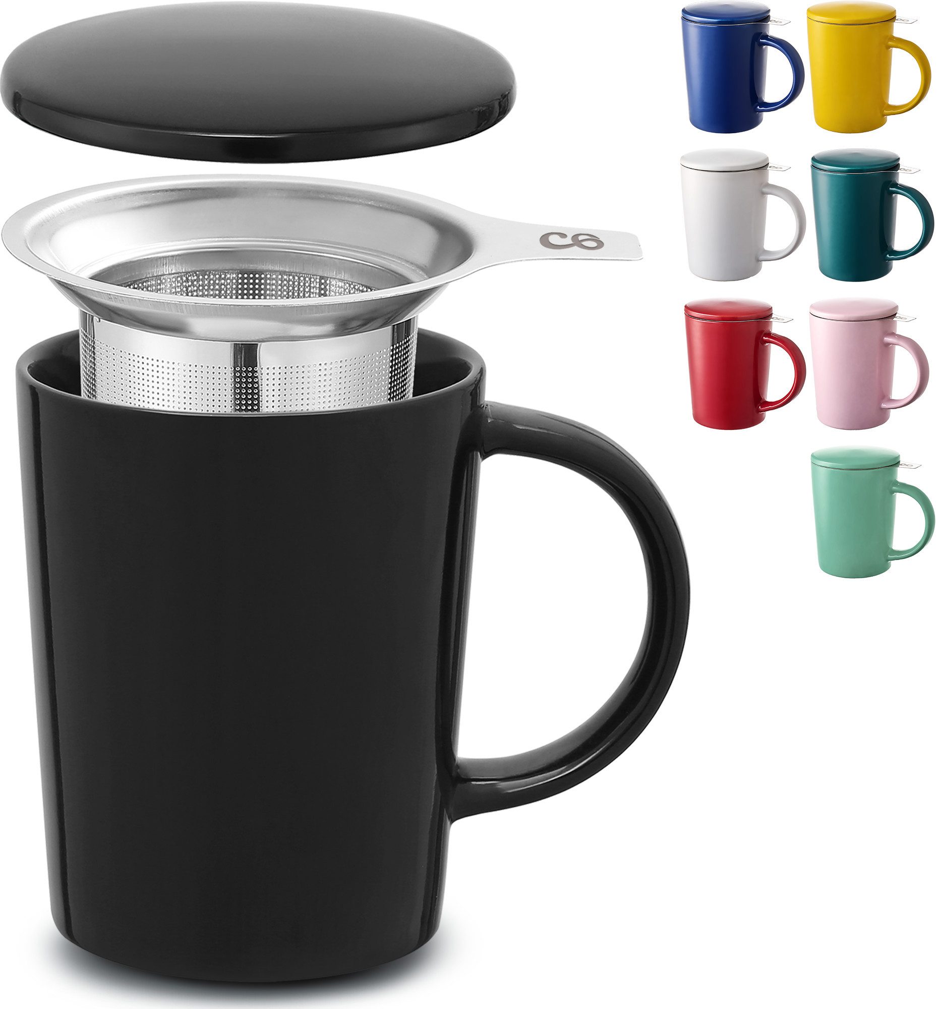 Cosumy Teeglas Teetasse mit Sieb und Deckel 400ml - Jumbotasse, Keramik, Hält Lange warm - 400 ml Groß - Spülmaschinenfest