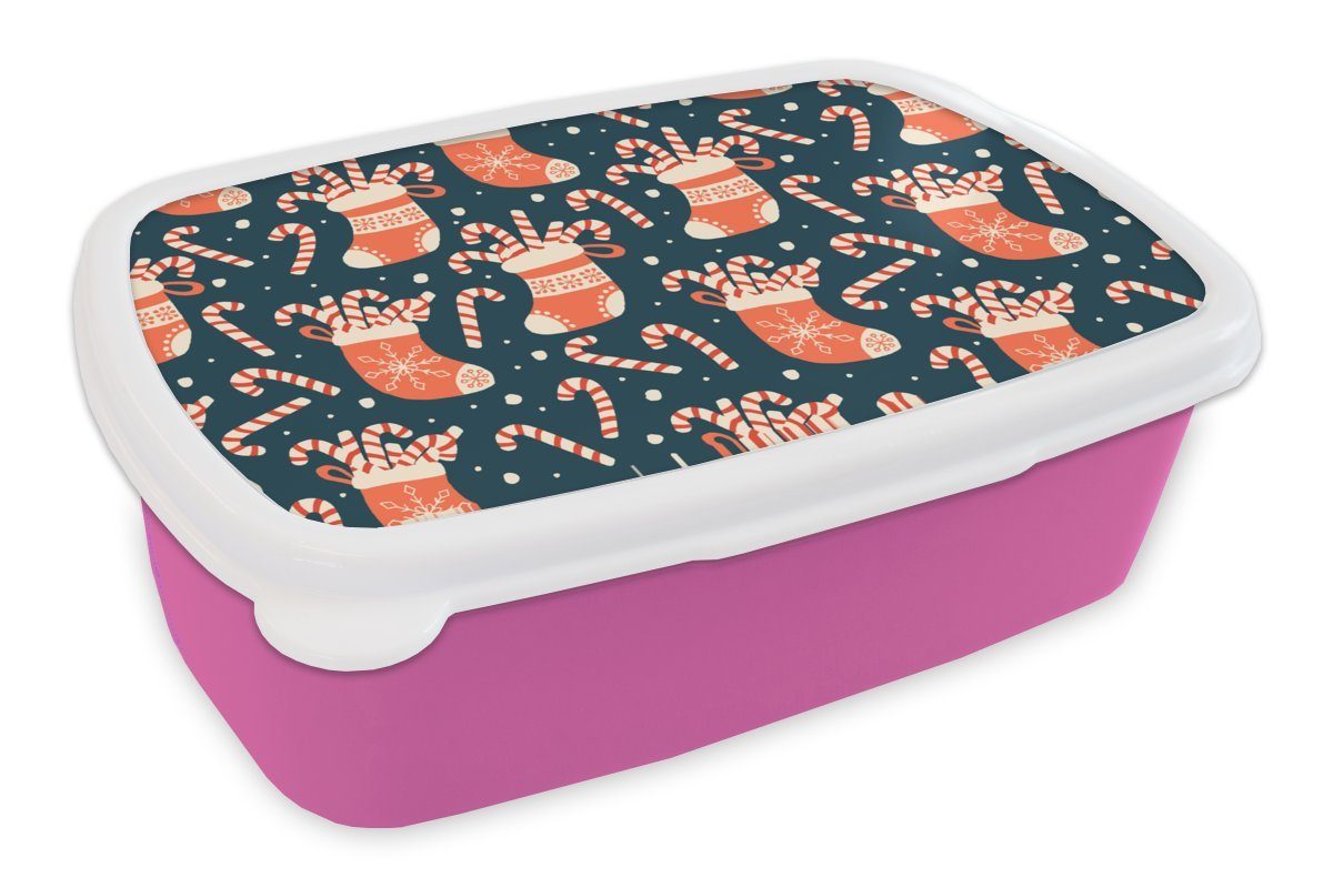 MuchoWow Lunchbox Socken - Süßigkeiten - Weihnachten - Schnittmuster, Kunststoff, (2-tlg), Brotbox für Erwachsene, Brotdose Kinder, Snackbox, Mädchen, Kunststoff rosa