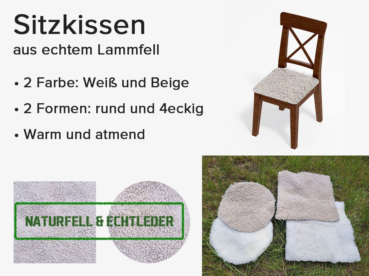 Provellus Sitzkissen Sitzkissen aus echtem Schaffell 37x37 cm – Weich, Natur, handgefertigt