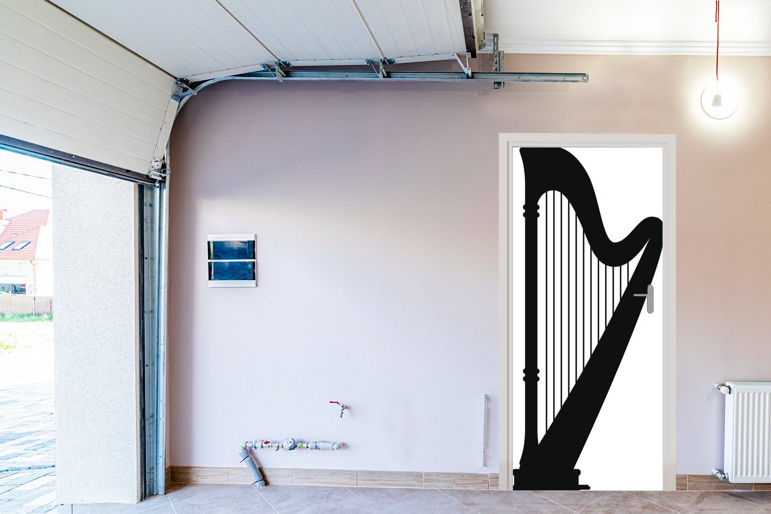 MuchoWow Türtapete Türaufkleber, für der cm weiße einer St), und bedruckt, Harfe, Matt, Schwarze Fototapete Tür, 75x205 (1 Silhouette Illustration