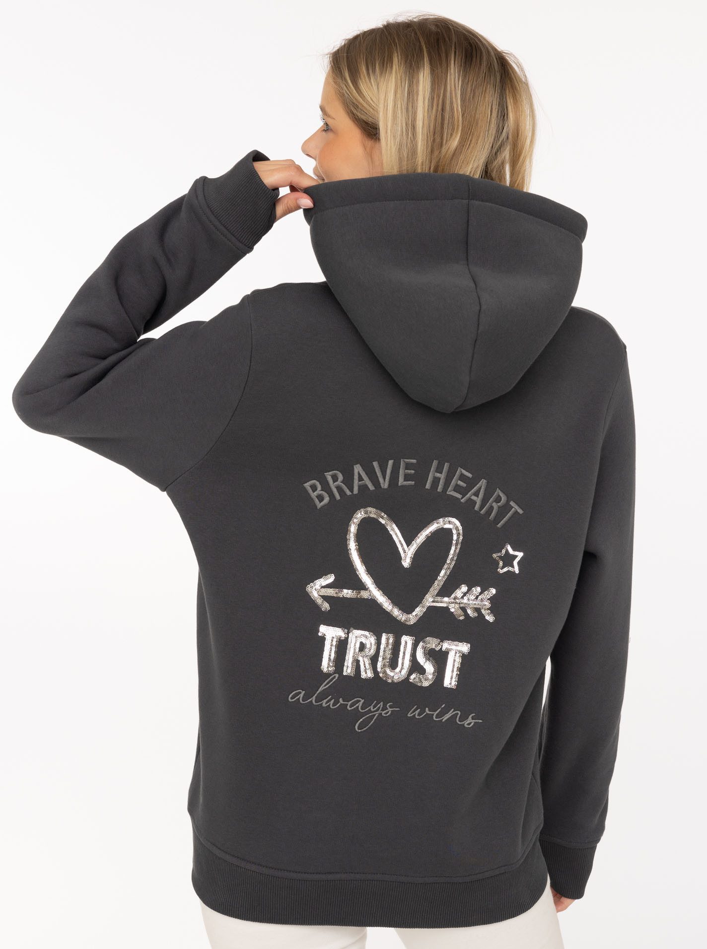 Zwillingsherz Hoodie "Trust" Pailletten Herz und Schriftzug, glänzende Kord günstig online kaufen
