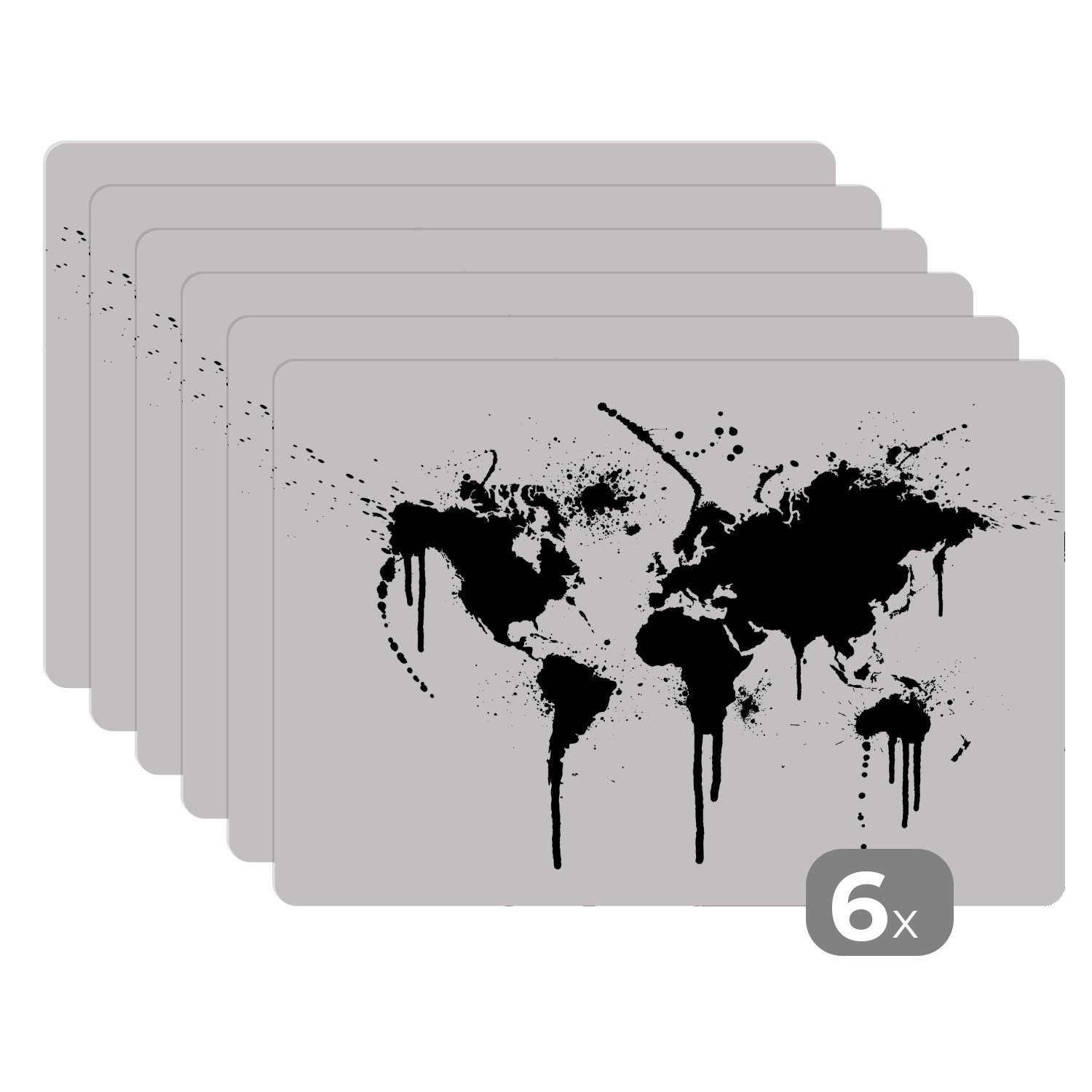 Platzset, Weltkarte - Tinte - Schwarz, MuchoWow, (6-St), Platzset, Platzdecken, Platzmatte, Tischmatten, Schmutzabweisend