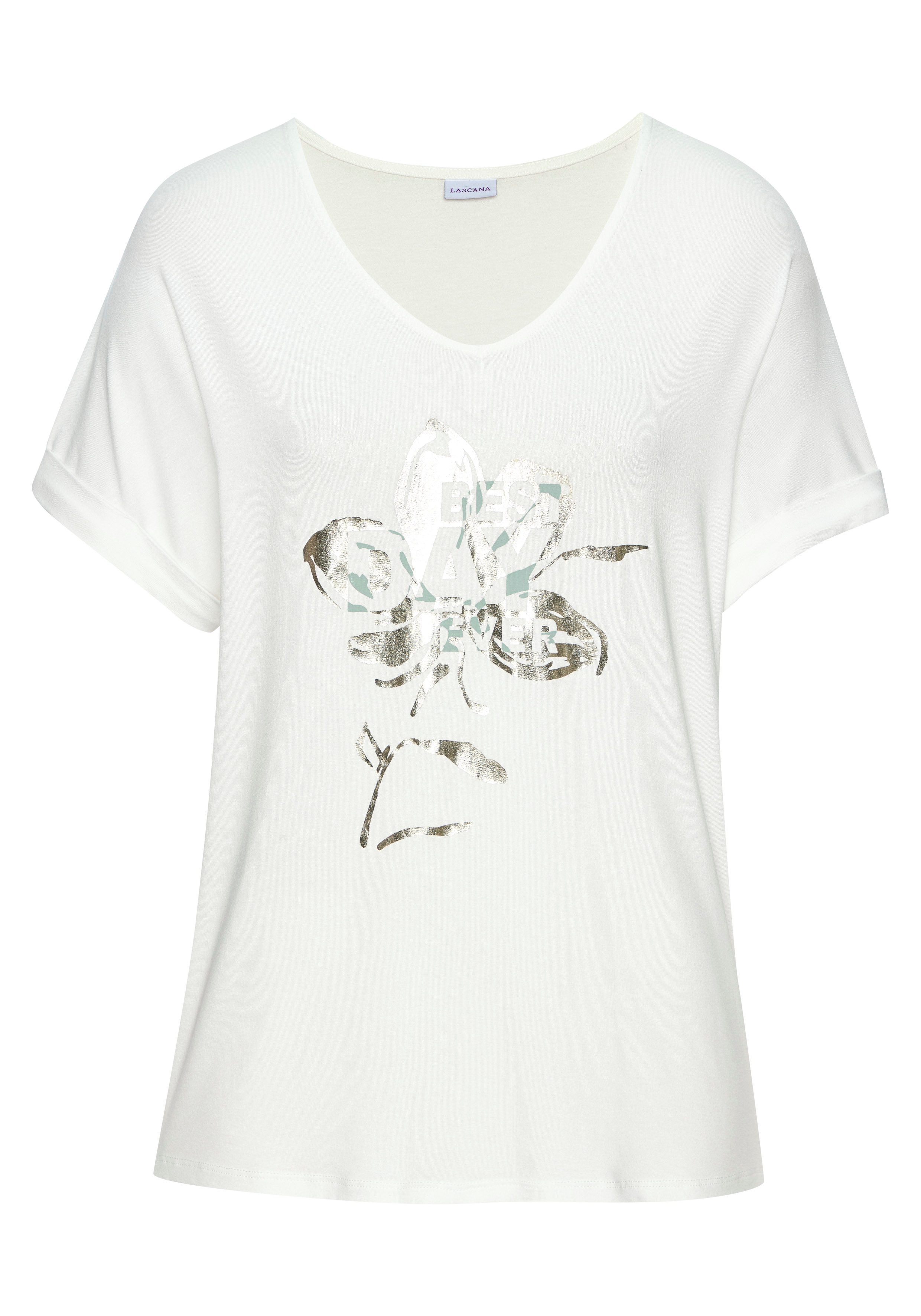 LASCANA Kurzarmshirt mit schimmerndem Print aus weichem Viskose-Stretch. € 29,99, (€ 29,99 pro 1 Stk).
