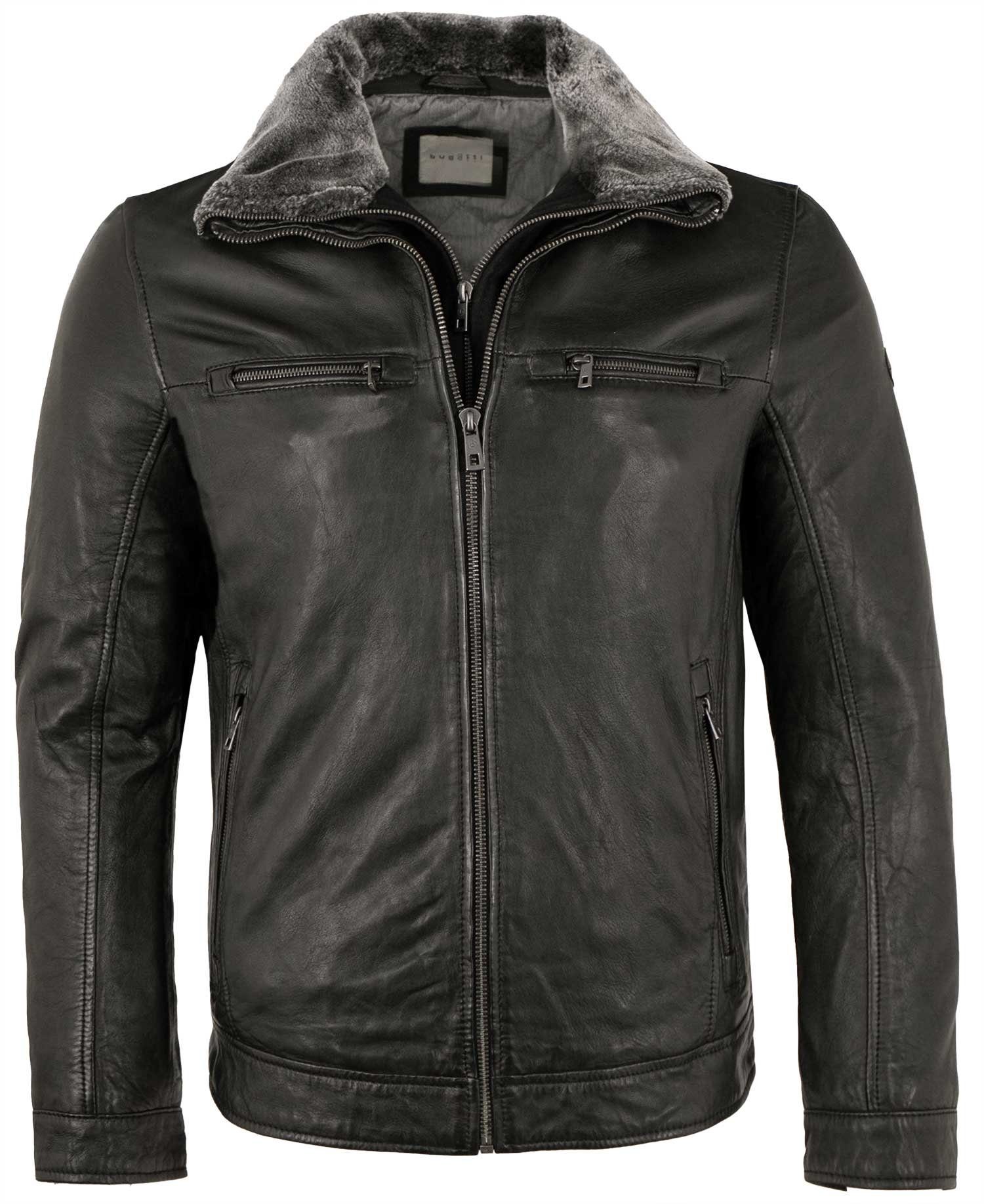 Bugatti Herren Lederjacke Aus Lammnappa – Schwarze Echtlederjacke Mit Reißverschlusstaschen