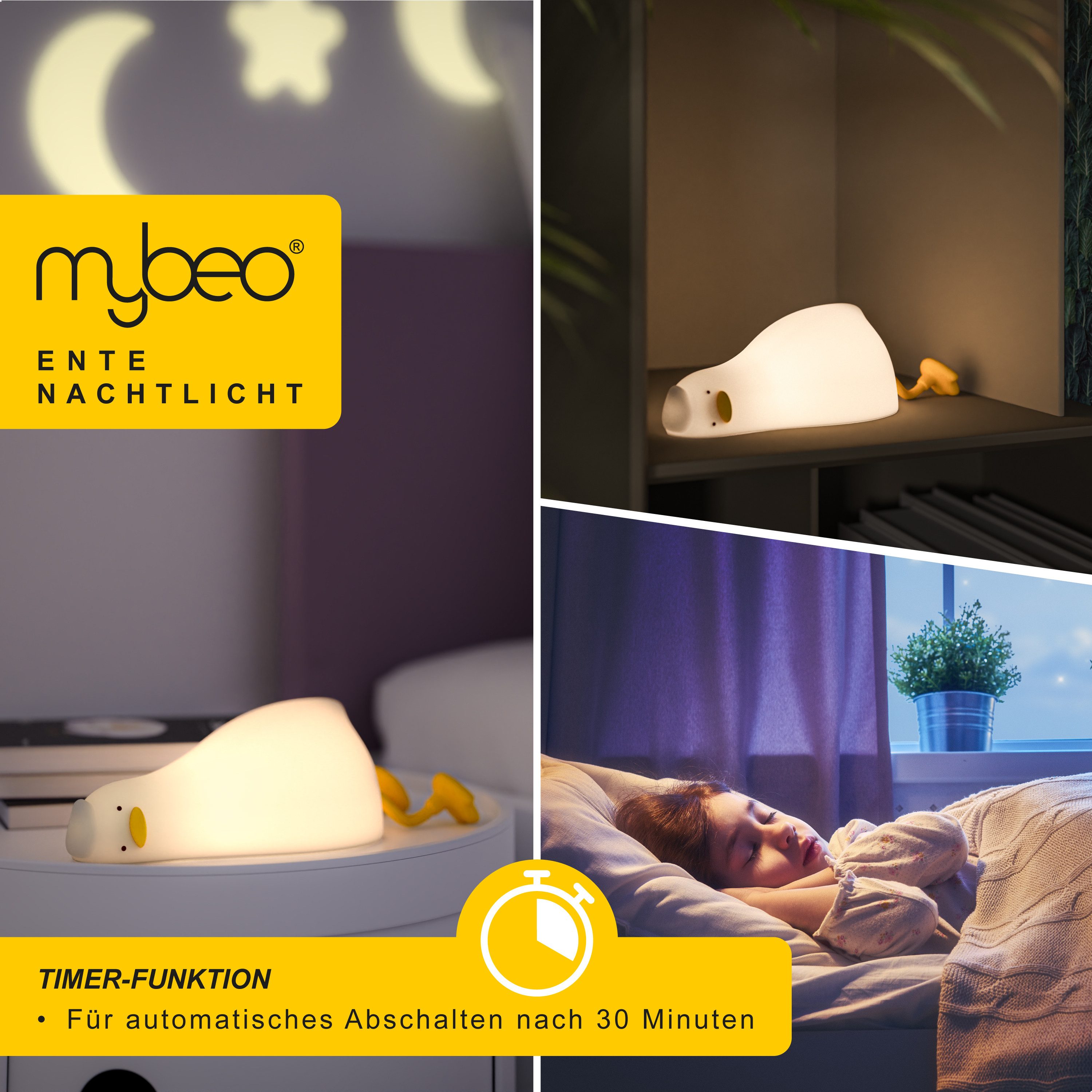MyBeo LED Nachtlicht für Babys und Kinder, dimmbar, Nachtleuchte mit Akku, Einschlafhilfe, Dimmfunktion; mehrere Helligkeitsstufen; Nachtlichtfunktion, LED fest integriert, Extra-Warmweiß, liegende Ente, Silikon Touch, Timer 30/60 Min, 3 Helligkeitsstufen