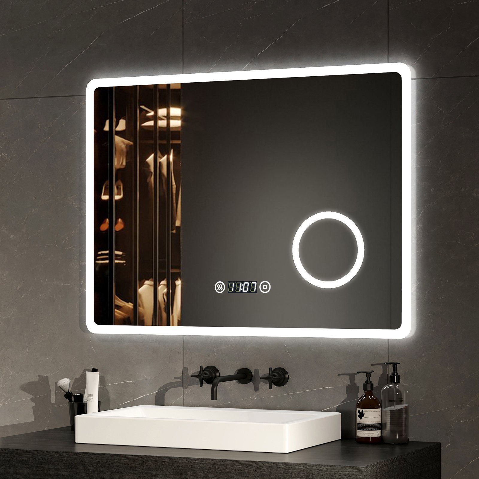 EMKE Badspiegel LED Badspiegel mit Beleuchtung, Antibeschlag, dimmbar, Kosmetikspiegel (Breite: 80~100cm, Touchschalter), Beschlagfrei, Uhr, Kaltweißlicht, Memory Funktion, IP44