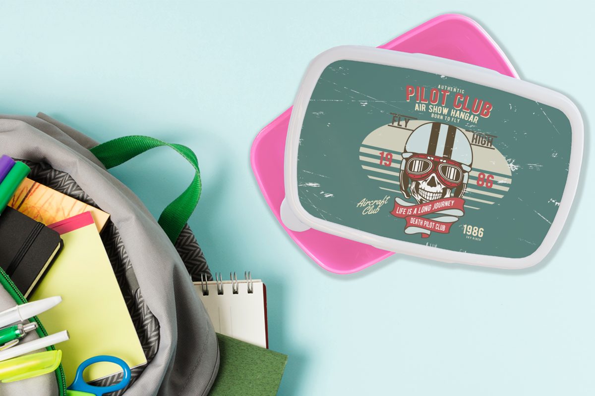 MuchoWow Lunchbox Totenkopf - - Kleidung Kunststoff rosa Kunststoff, Brotbox Kinder, Snackbox, - für Pilot Brotdose (2-tlg), Erwachsene, Vintage, Mädchen