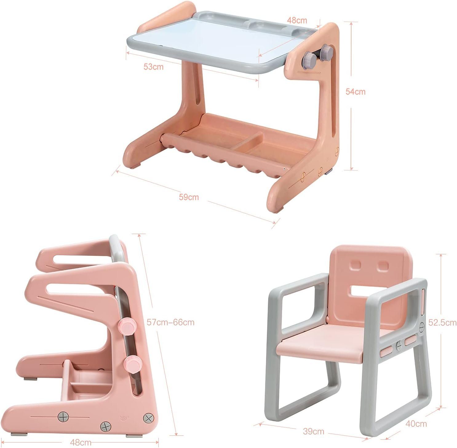 KOMFOTTEU Kinderschreibtisch mit Stuhl (2-St), Stauraum, verstellbarer rosa Zeichentisch mit