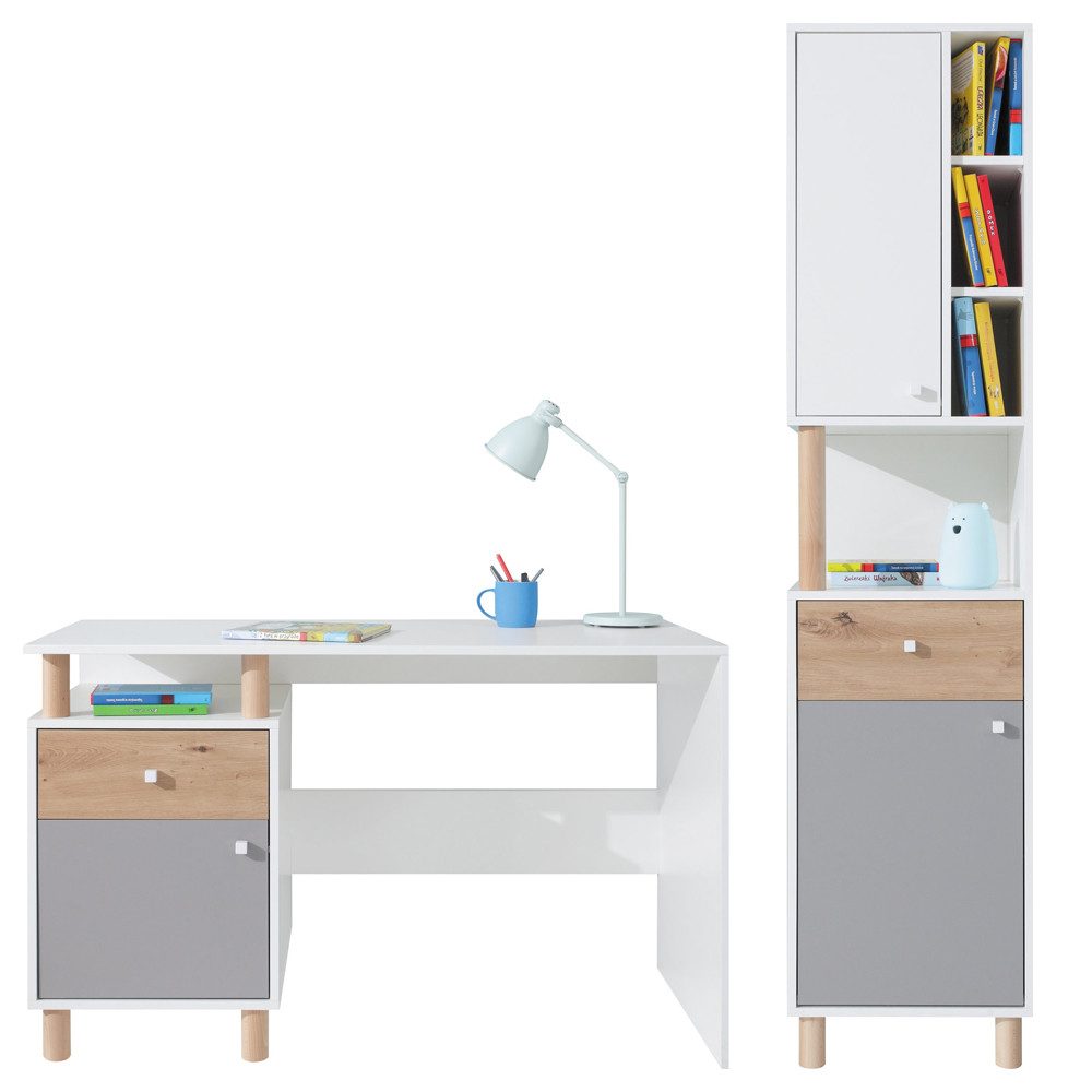 Lomadox Jugendzimmer-Set FAIRFAX-133, (Sparset, 2-tlg), mit Schreibtisch in weiß mit Eiche und grau