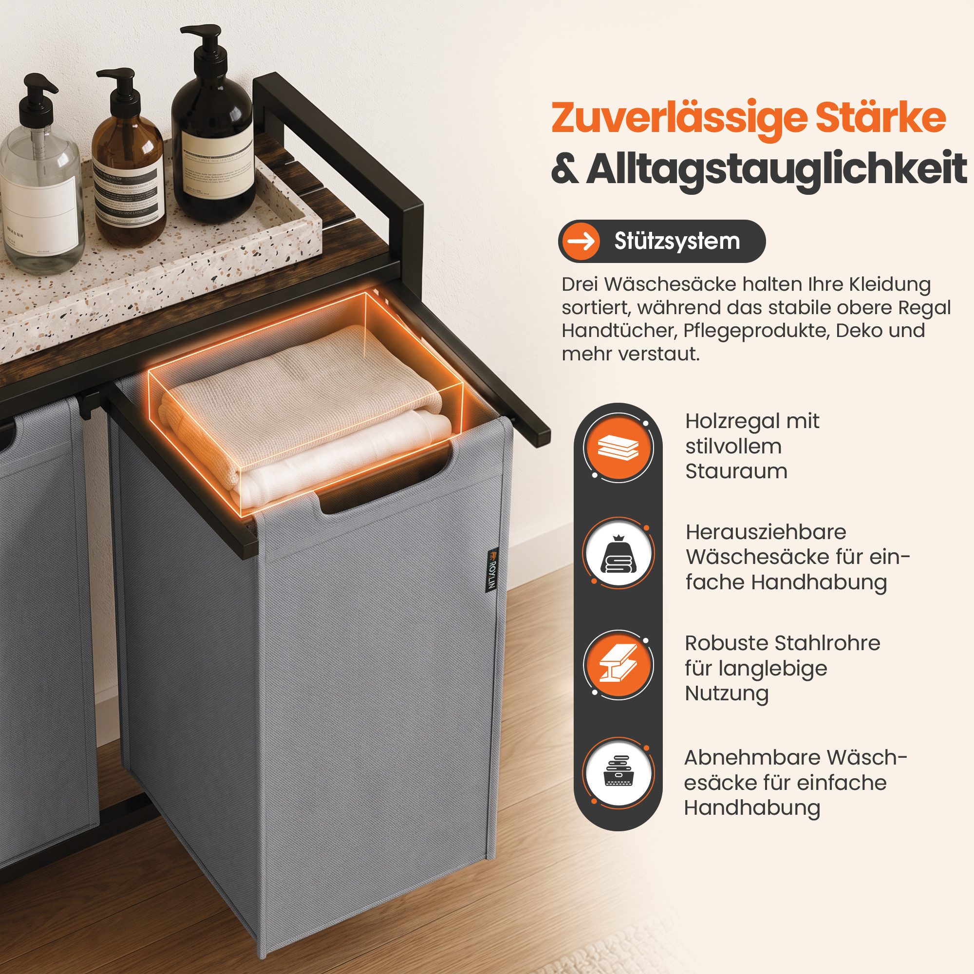 Roxlin Wäschekorb Wäschekorb 3 Fächer – Wäschesammler mit Deckel & Ablage – Bild 3 von 5