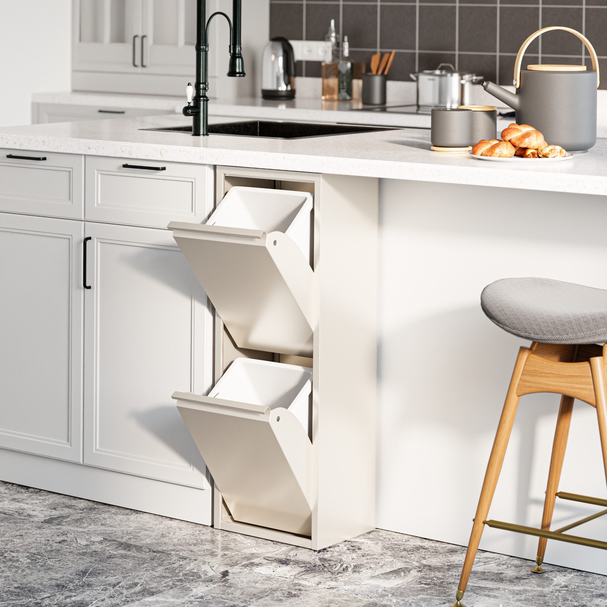 en.casa Mülltrennsystem, »Sollentuna« mit 2 Kippfächern Metall 2 x 14 L Eimer Pfefferweiß