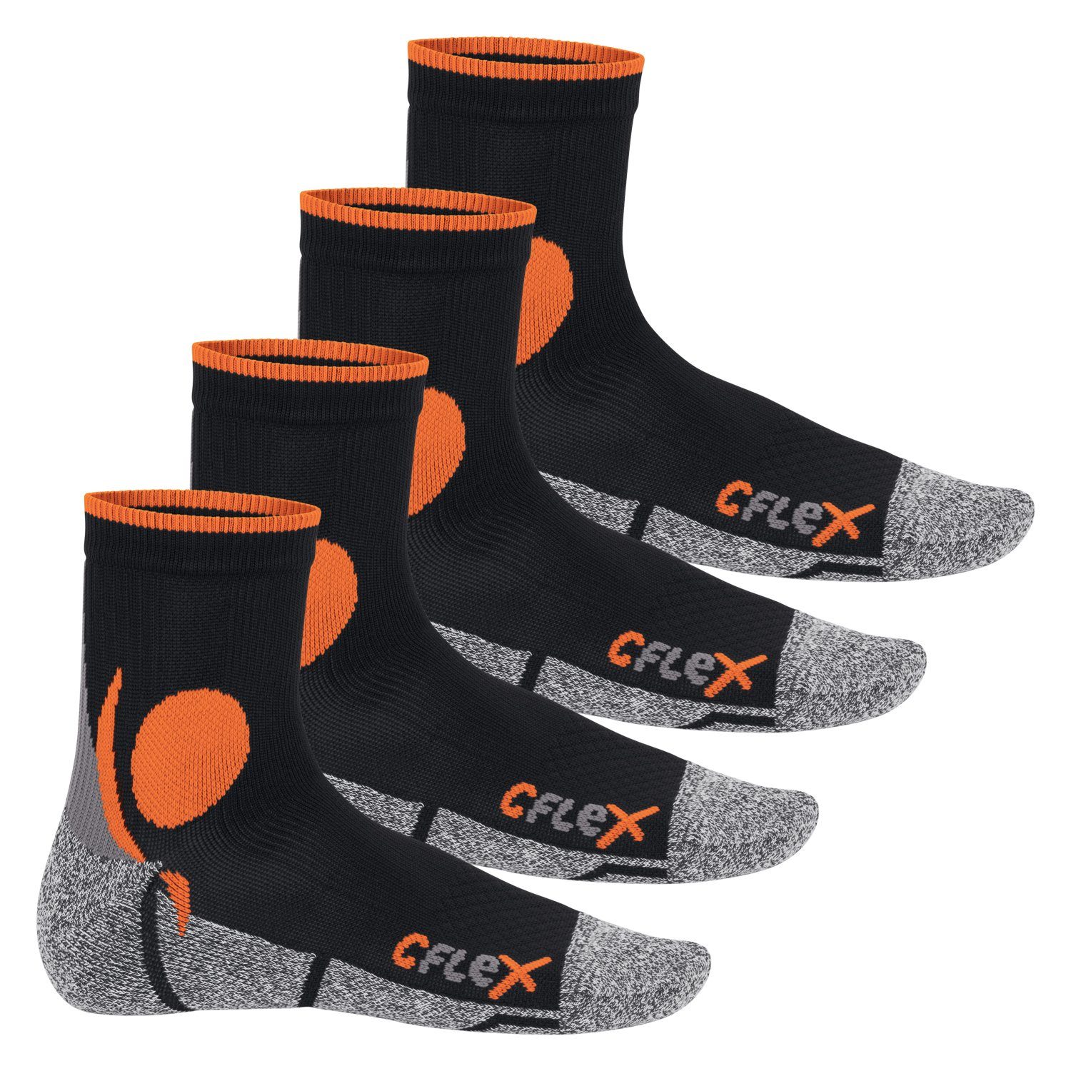 CFLEX Sportsocken Damen und Herren Running Funktions-Socken (4 Paar) Laufsocken Schwarz/Orange