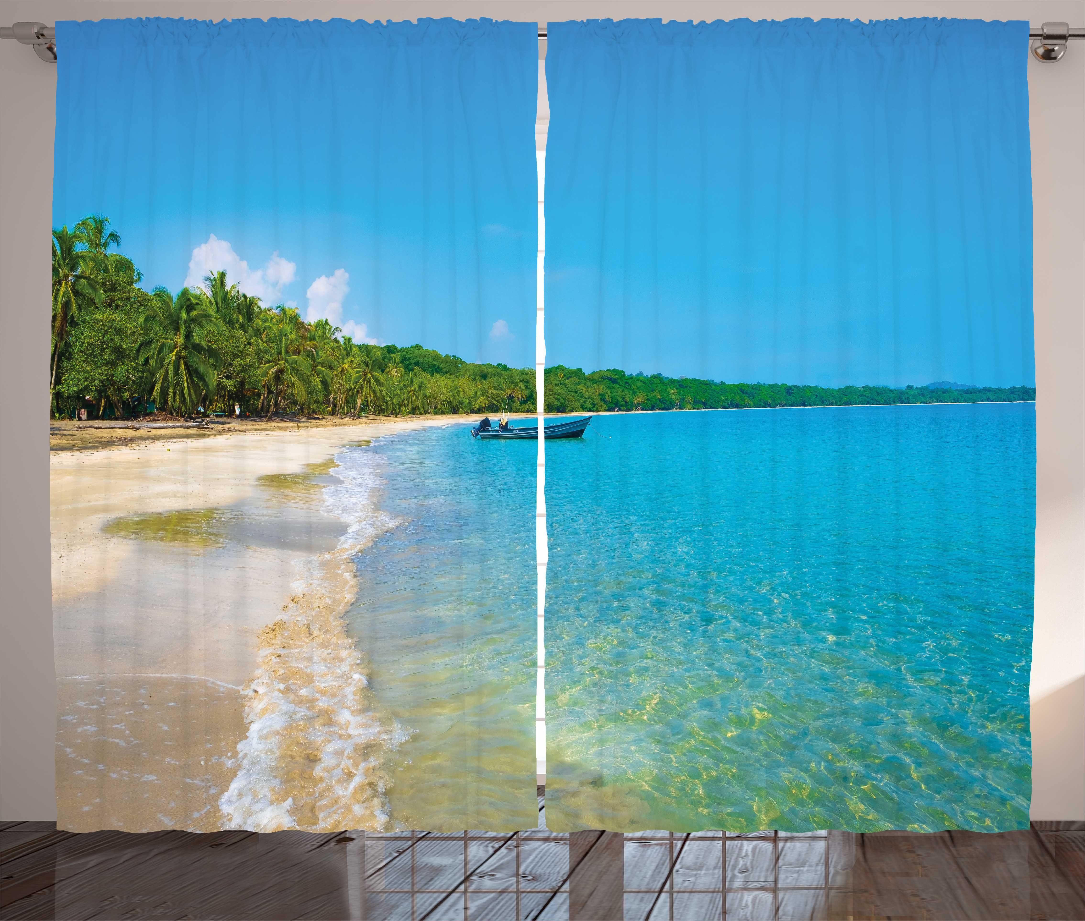 Gardine Schlafzimmer Kräuselband Vorhang mit Schlaufen und Haken, Abakuhaus, Strand Karibik Palmen mit Boot