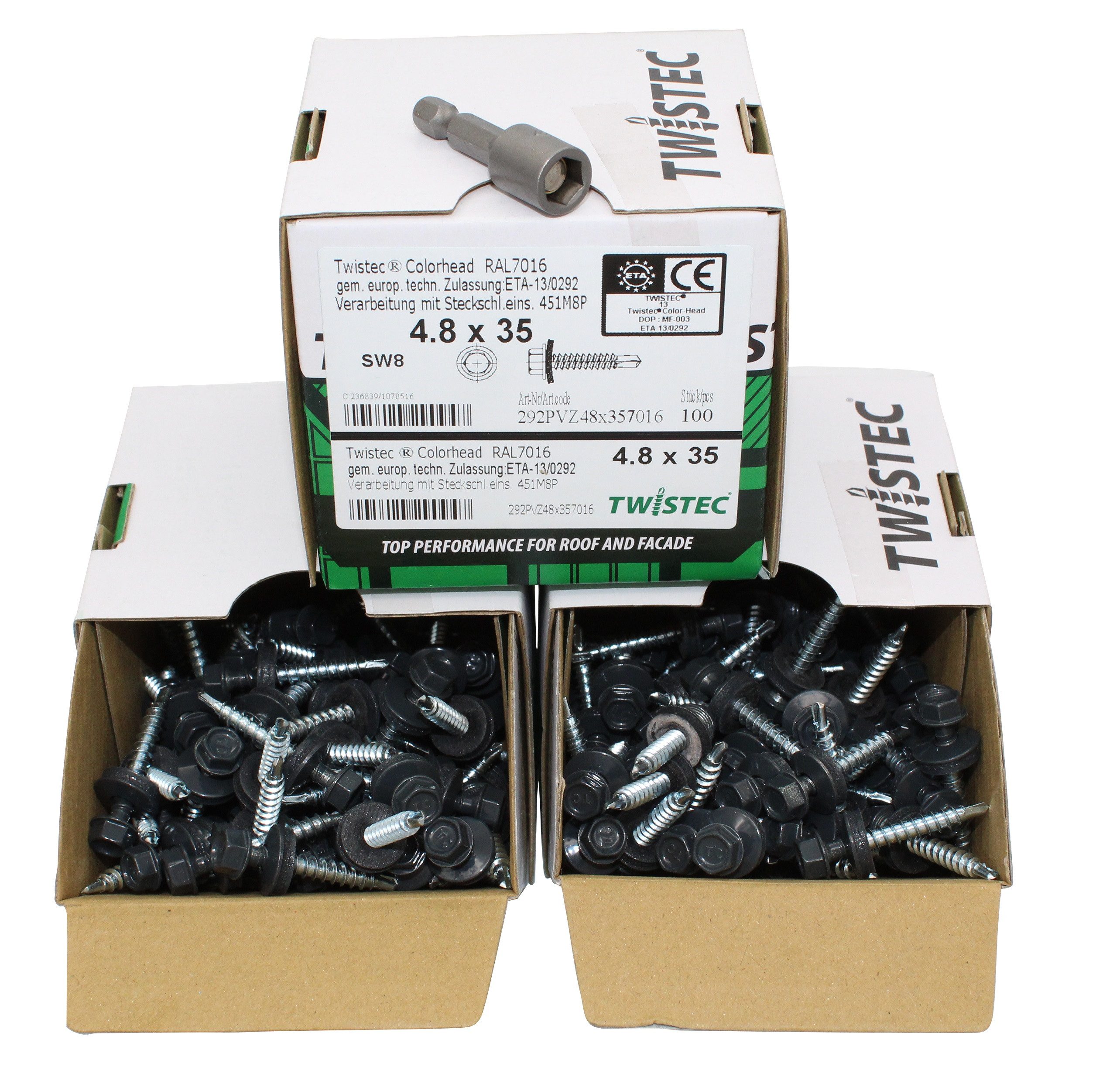 Twistec Blechschraube Trapezblechschrauben 4,8x35 mm RAL7016, 300 Stk. inkl. SW8+, (Inklusive Steckschlüssel (SW8), Integrierte EPDM-Dichtung, Selbstbohrende Spitze