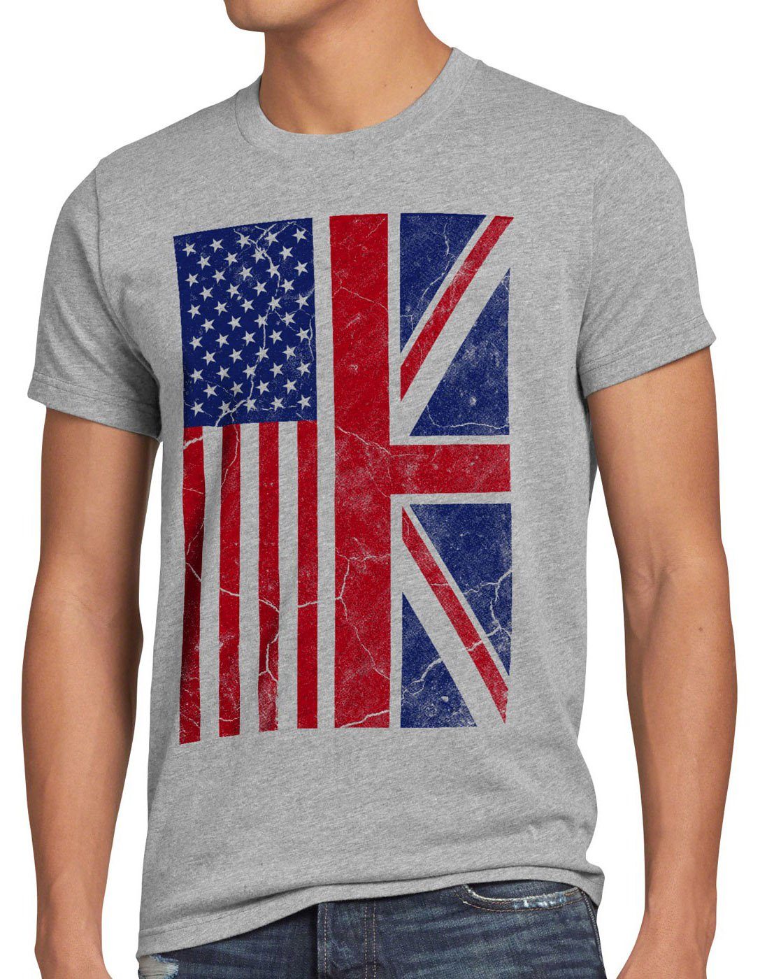 style3 Print-Shirt Herren T-Shirt USA Amerika Union Jack Flagge Flag Stars Stripes brexit England grau meliert