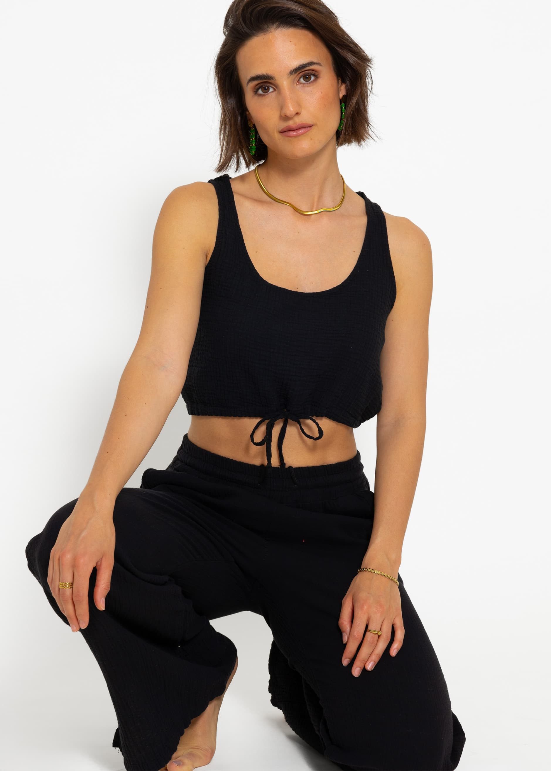 SASSYCLASSY Crop-Top Musselin Trägertop für Damen Sommerliches Musselintop aus Baumwolle mit Zugband Schwarz Beige Weiß