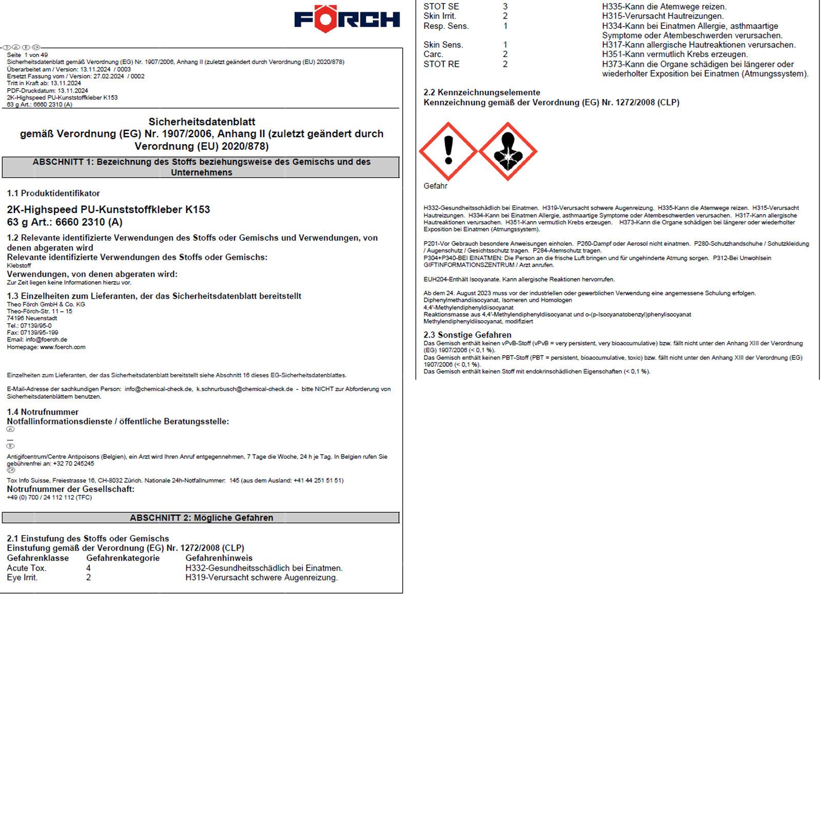 FÖRCH Dispersionskleber K153 2K-Highspeed PU-Kunststoffkleber - 0.063 Kg
