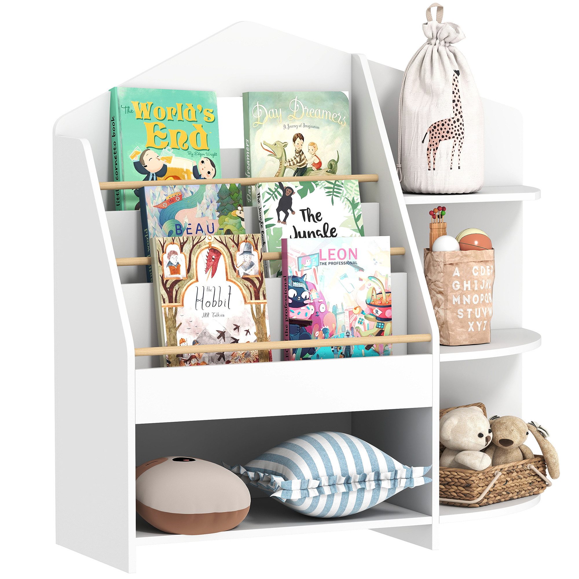 AIYAPLAY Kinderregal Spielzeugregal, Standregal mit 4 Fächern, 3 Ablagen, Kiefernholz, Bücherregal aus Holz 1-tlg., für Kinderzimmer, Spielzimmer, Weiß