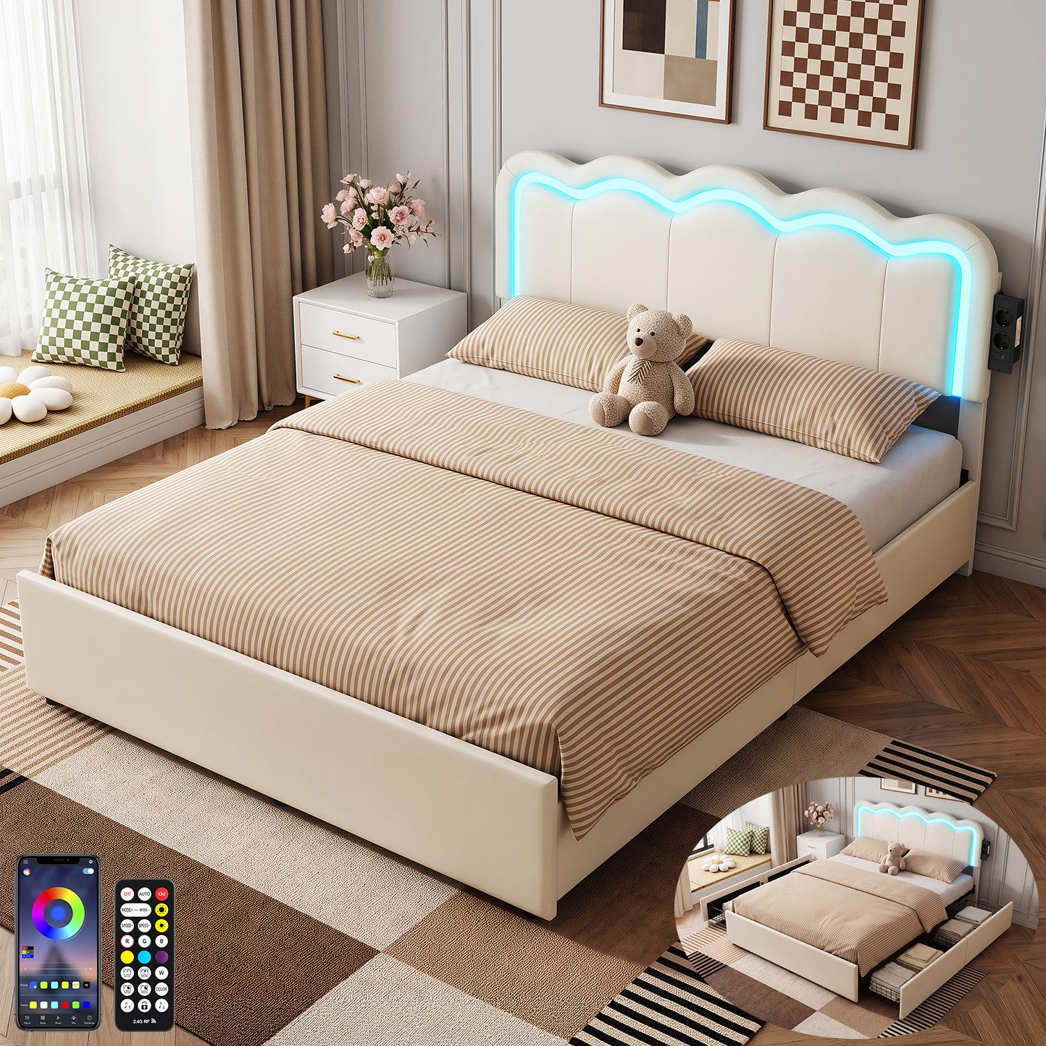 oyajia Polsterbett Kinderbett Jugendbett, Ladestation & LED-Beleuchtung,PU-Kunstleder (Kopfteil hochstellbar, 4 Schubladen), Modernes Jugendbett, Leises Design Bett, Max. Belastbarkeit 350 kg