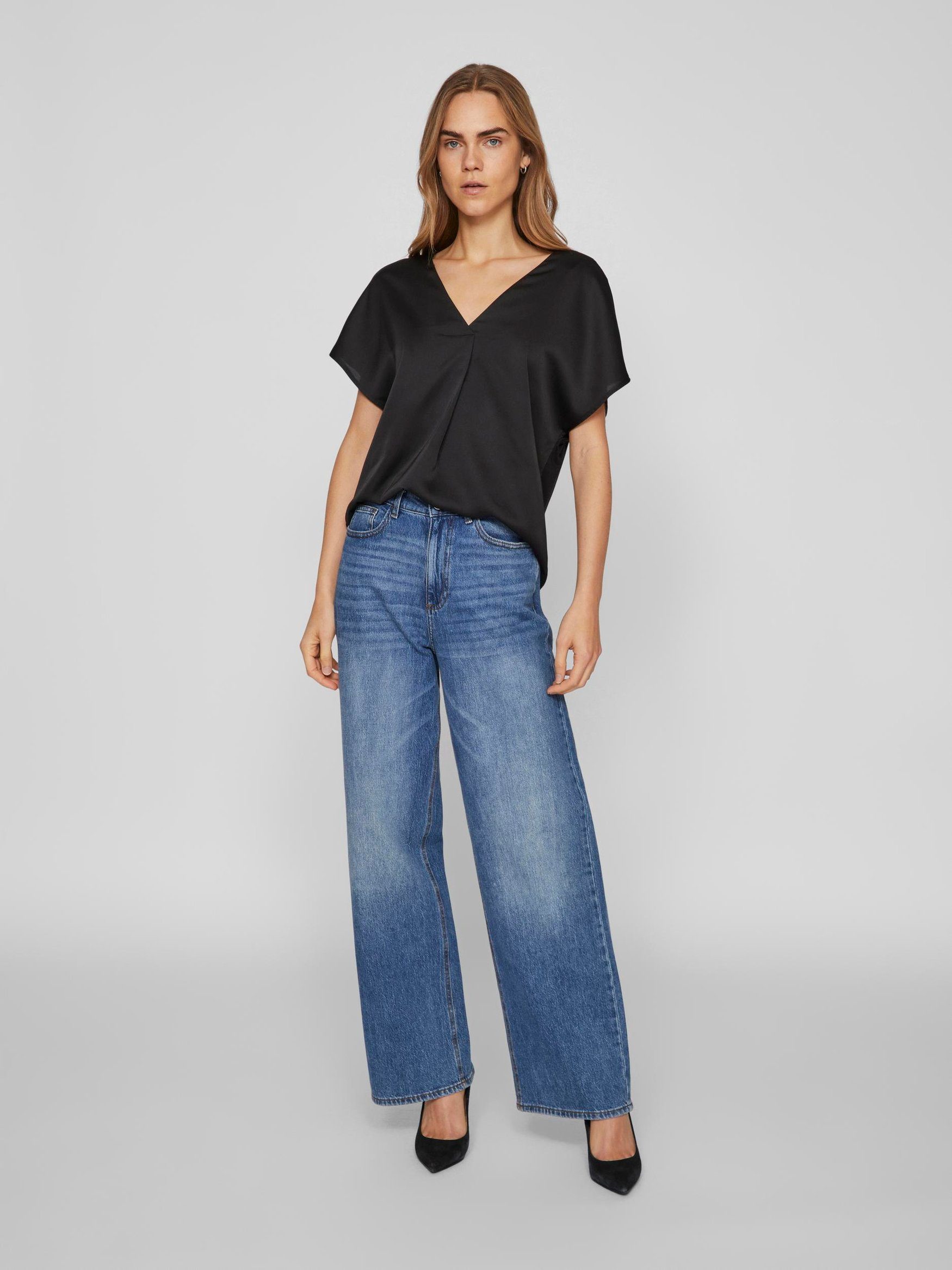 Vila Blusenshirt Satin Blusen Glänzendes Kurzarm Oberteil VIELLETTE V-NECK S/S SATIN TOP - NOOS