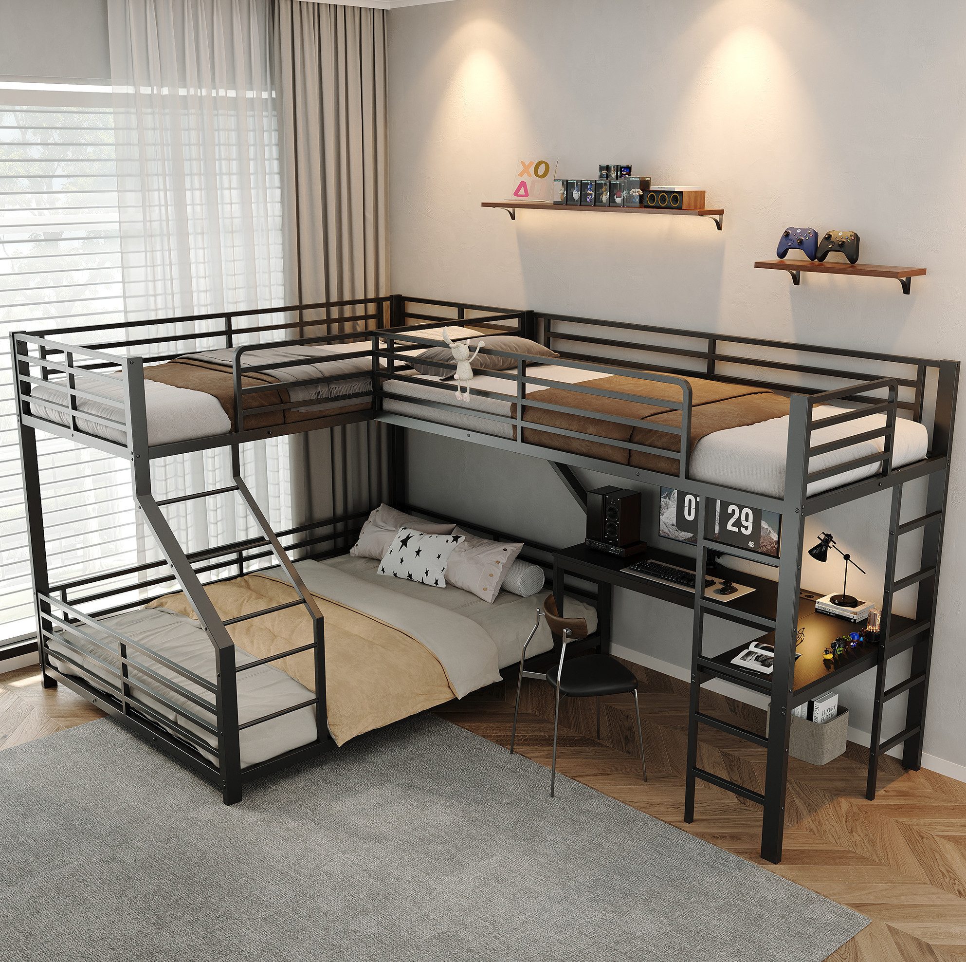MODFU Etagenbett Hochbett Metall mit Schreibtisch – Multifunktionsbett Schwarz (Packung, 1-St., Eisenrahmen Konstruktion, USB/Type-C Steckdose, 3 Liegeflächen), 90 x 200 cm & 140 x 200 cm, Schlaf & Arbeitsbereich, ohne Matratze