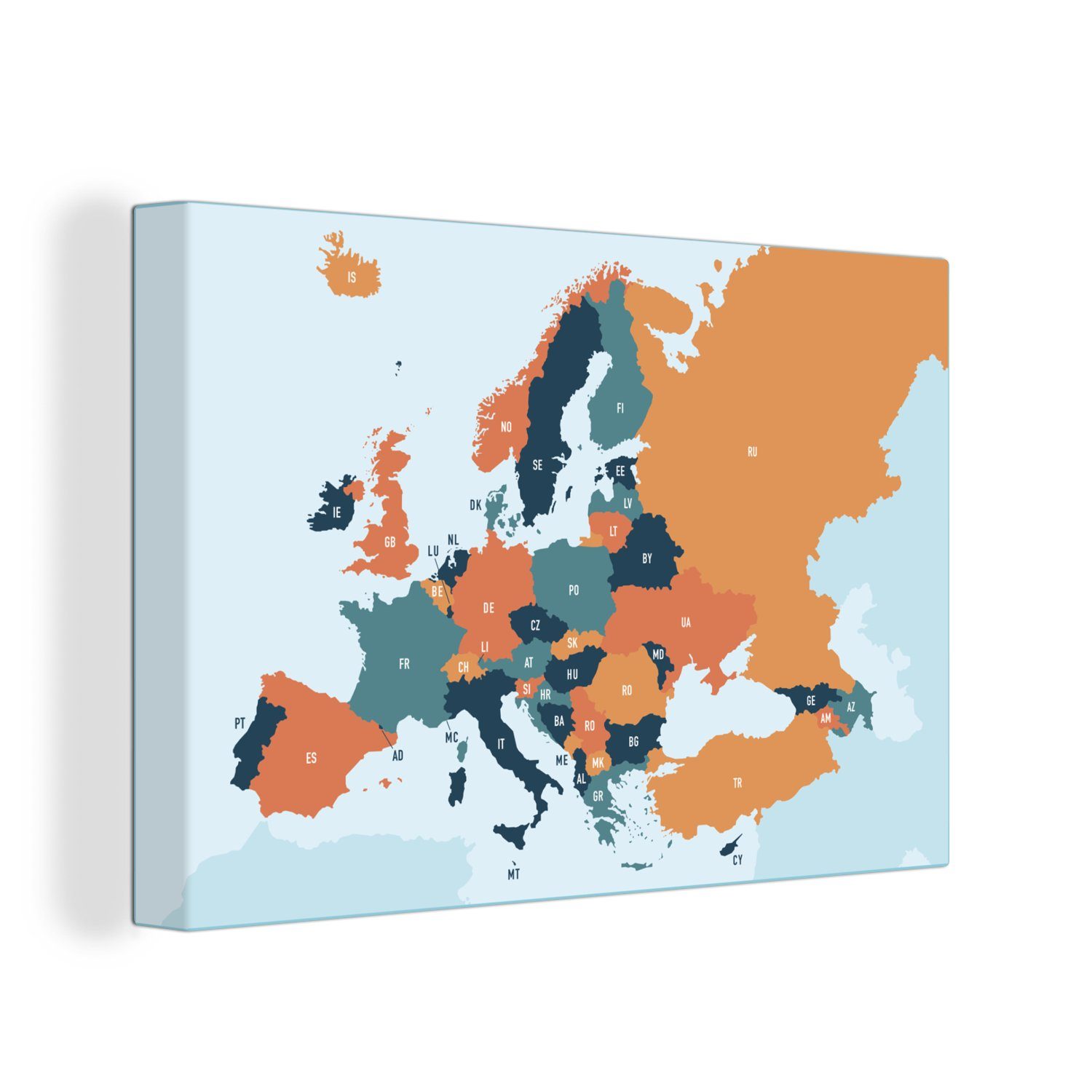 OneMillionCanvasses® Leinwandbild Karte - Europa - Orange, (1 St), Wandbild Leinwandbilder, Aufhängefertig, Wanddeko, 30x20 cm
