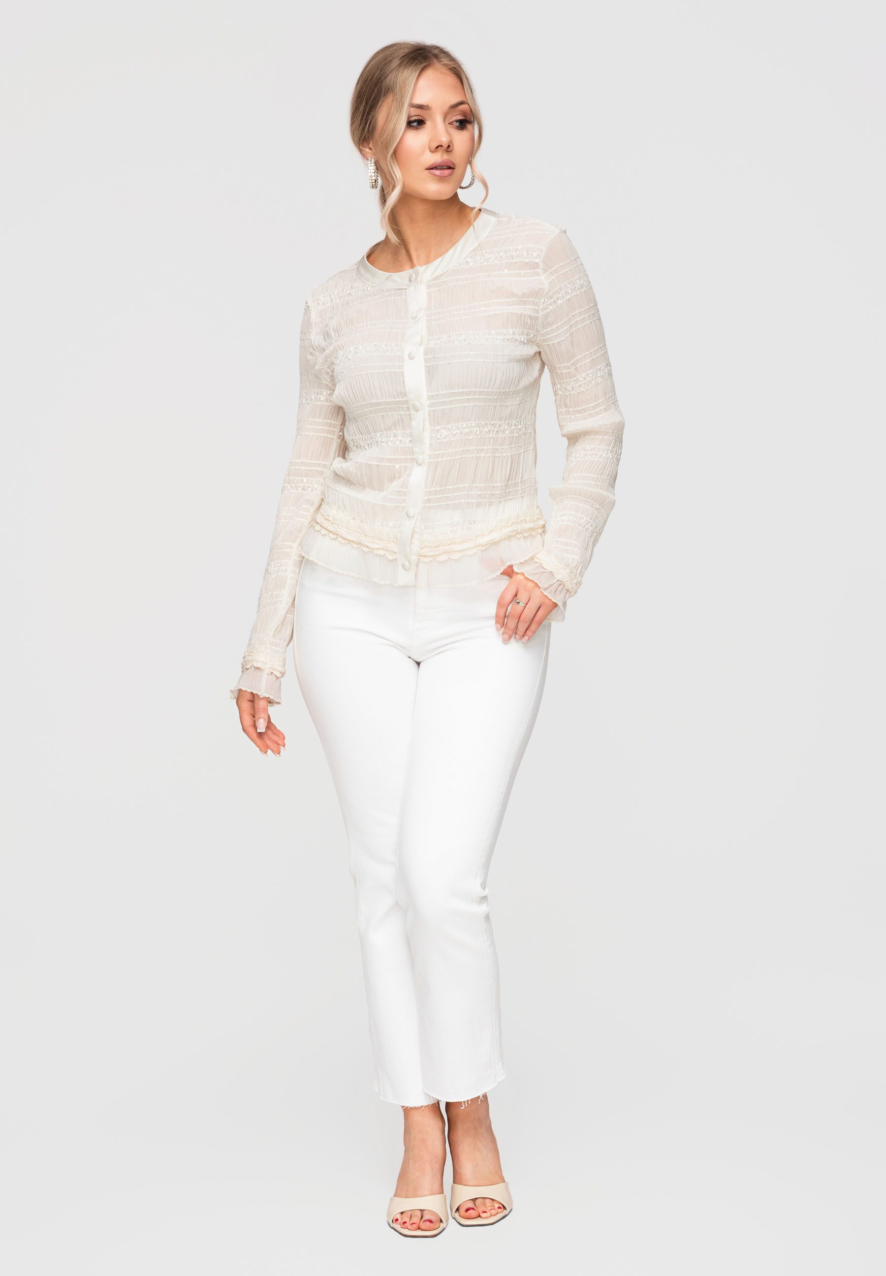 OMBRE Langarmbluse Damen Bluse Langarm Elegant Chiffon Ecru M/L (kein Set, 1-tlg) Strukturiertes Gewebe, halbdurchsichtig
