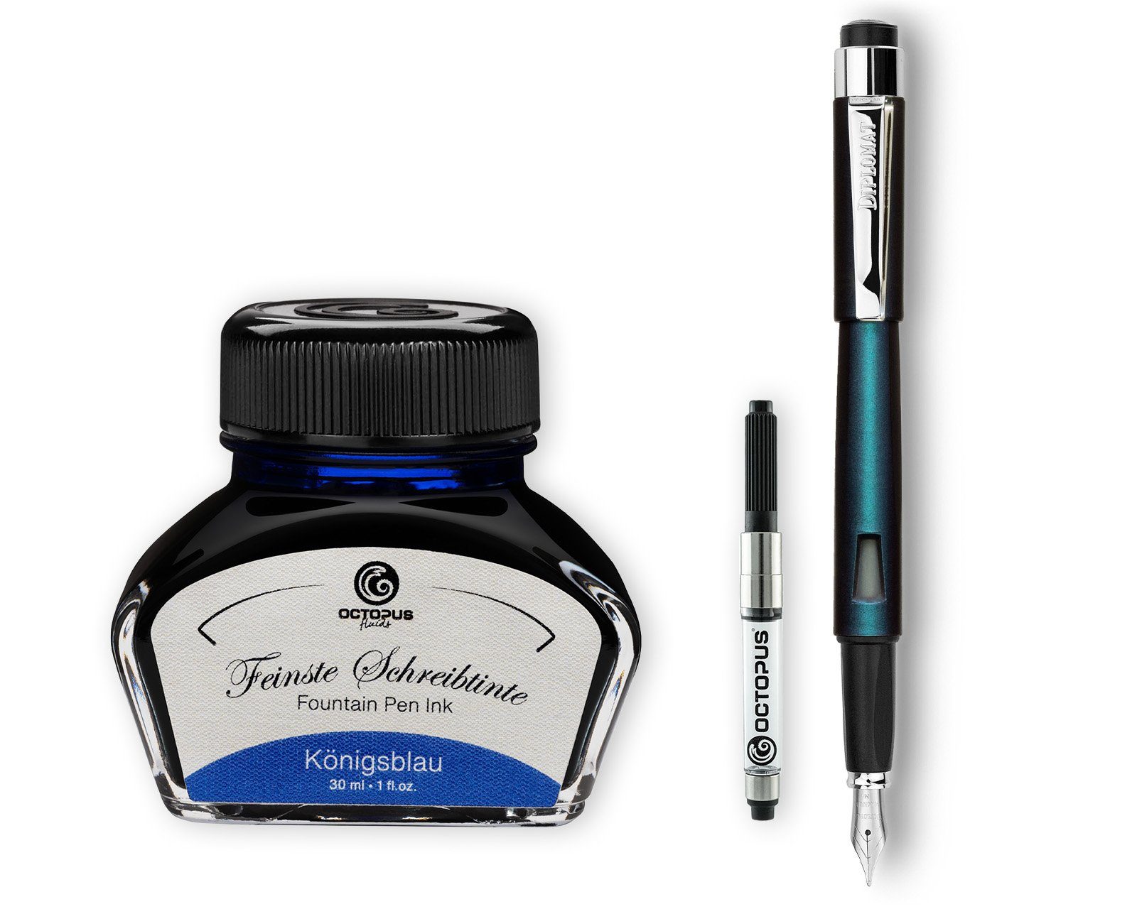 DIPLOMAT Füllhalter Diplomat Magnum John Doe mit Schreibtinte Tintenkonverter Stärke M, (Spar-Set mit Tintenkonverter und Schreibtinte Königsblau von Octopus Fluids), MADE IN GERMANY