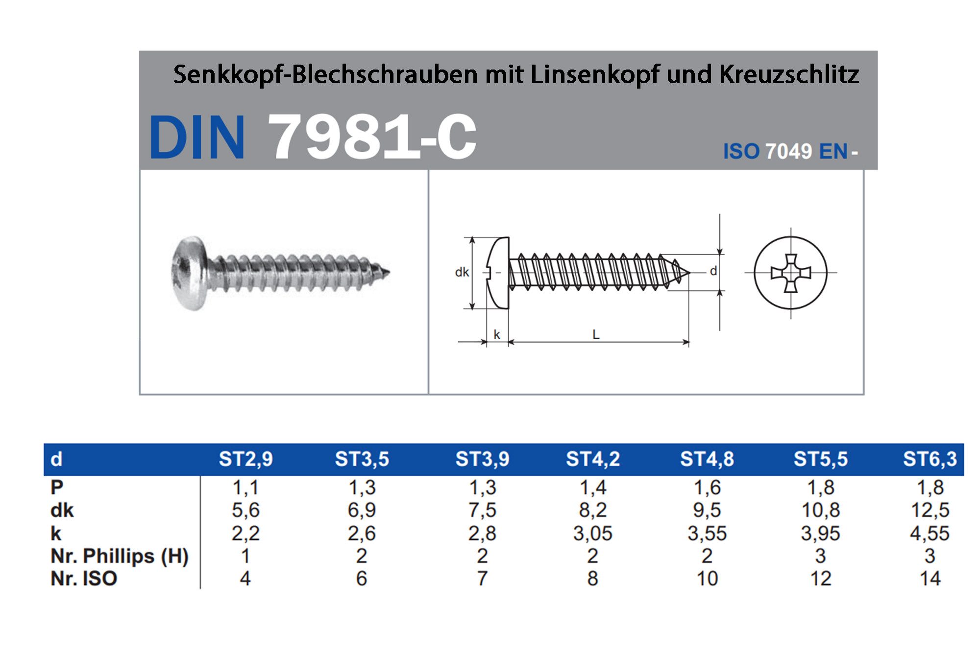IHC Blechschraube DIN 7981-C Senkkopf-Blechschrauben mit Linsenkopf und Kreuzschlitz, (10 St)
