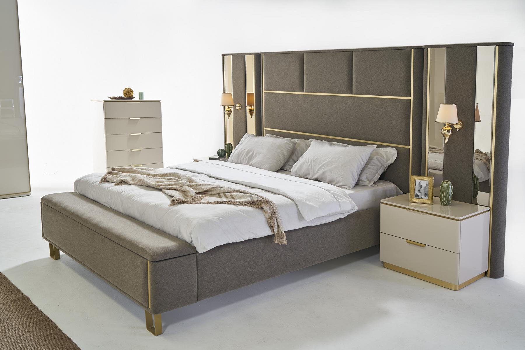 JVmoebel Schlafzimmer-Set, Luxus Komplett Nachttisch Kommode Beige Schlafzimmer Bett Gold Set