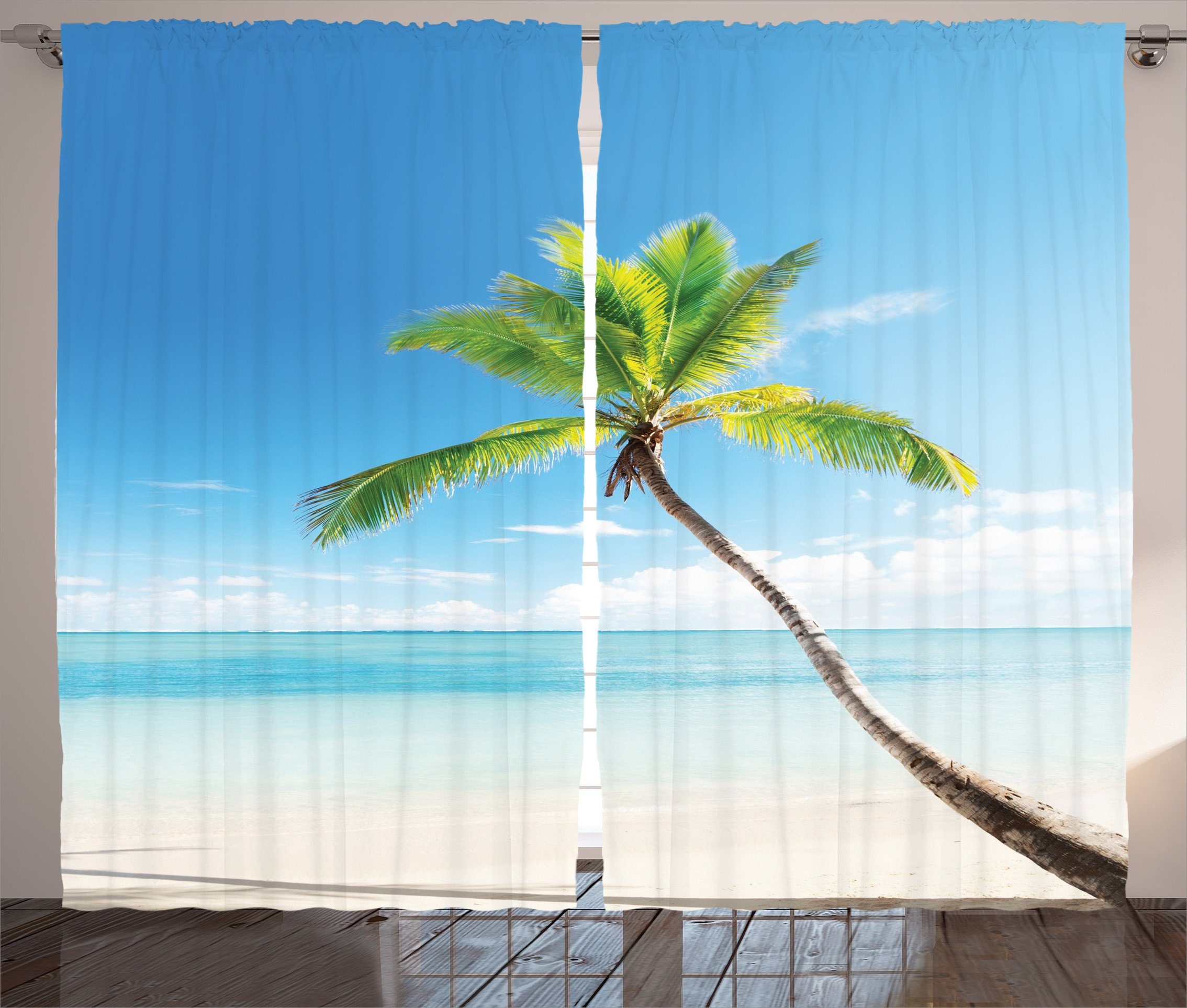 Gardine Schlafzimmer Kräuselband Vorhang mit Schlaufen und Haken, Abakuhaus, Wendekreis Palmen auf der Karibik